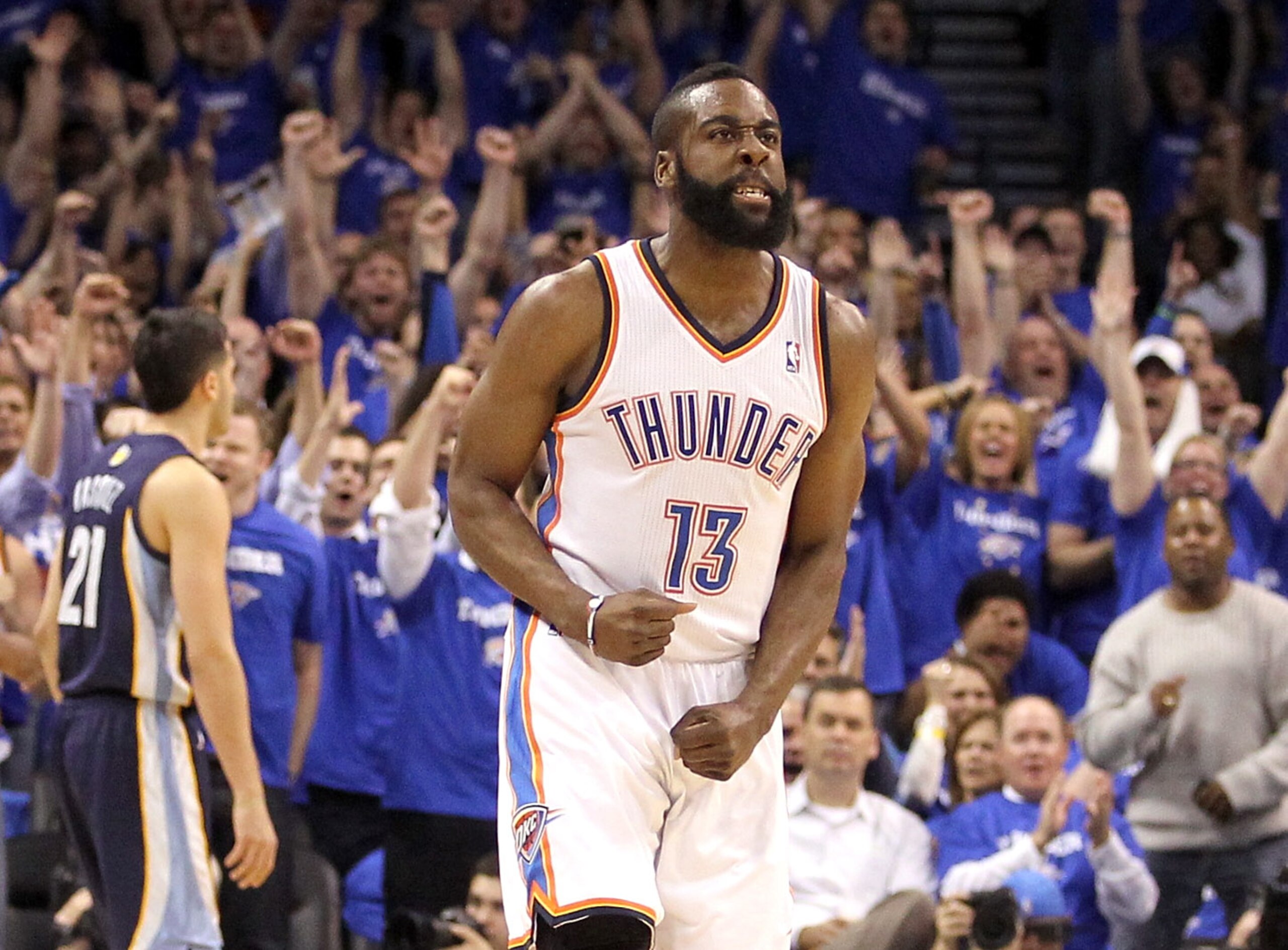 OKLAHOMA CITY, OK - MAY 03: James Harden #13 of the Oklahoma City Thunder reacts at the end of the first quarter while taking on the Memphis Grizzlies in Game Two of the Western Conference Semifinals in the 2011 NBA Playoffs on May 3, 2011 at Oklahoma Ci OKLAHOMA CITY, OK - MAY 03: James Harden #13 of the Oklahoma City Thunder reacts at the end of the first quarter while taking on the Memphis Grizzlies in Game Two of the Western Conference Semifinals in the 2011 NBA Playoffs on May 3, 2011 at Oklahoma Ci
