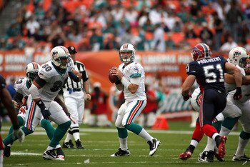 MIAMI - DECEMBER 19:  Quarterback Chad Henne #7 of the Miami Dolphins throws against the Buffalo Bills at Sun Life Stadium on December 19, 2010 in Miami, Florida. The Bills defeated the Dolphins 17-14.  (Photo by Marc Serota/Getty Images)