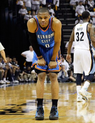 MEMPHIS, TN - MAY 13:  Russell Westbrook #0 of the Oklahoma City Thunder waits for the ball to be inbounded against the Memphis Grizzlies in Game Six of the Western Conference Semifinals in the 2011 NBA Playoffs at FedExForum on May 13, 2011 in Memphis, T