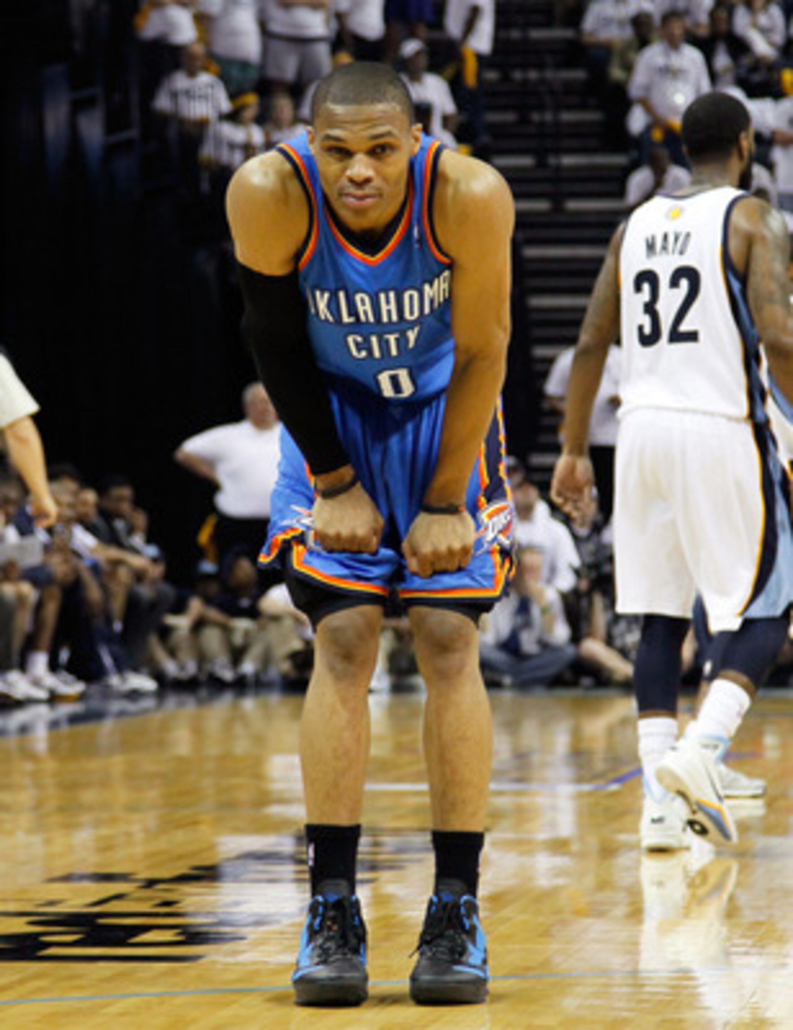 MEMPHIS, TN - MAY 13:  Russell Westbrook #0 of the Oklahoma City Thunder waits for the ball to be inbounded against the Memphis Grizzlies in Game Six of the Western Conference Semifinals in the 2011 NBA Playoffs at FedExForum on May 13, 2011 in Memphis, T