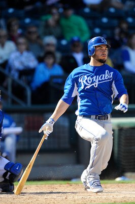 SURPISE, AZ - FEBRUARY 27: Eric Hosmer #40 of the Kansas City Royals bats during a spring training game against the Texas Rangers at Surprise Stadium on February 27, 2011 in Surprise, Arizona. (Photo by Rob Tringali/Getty Images)
