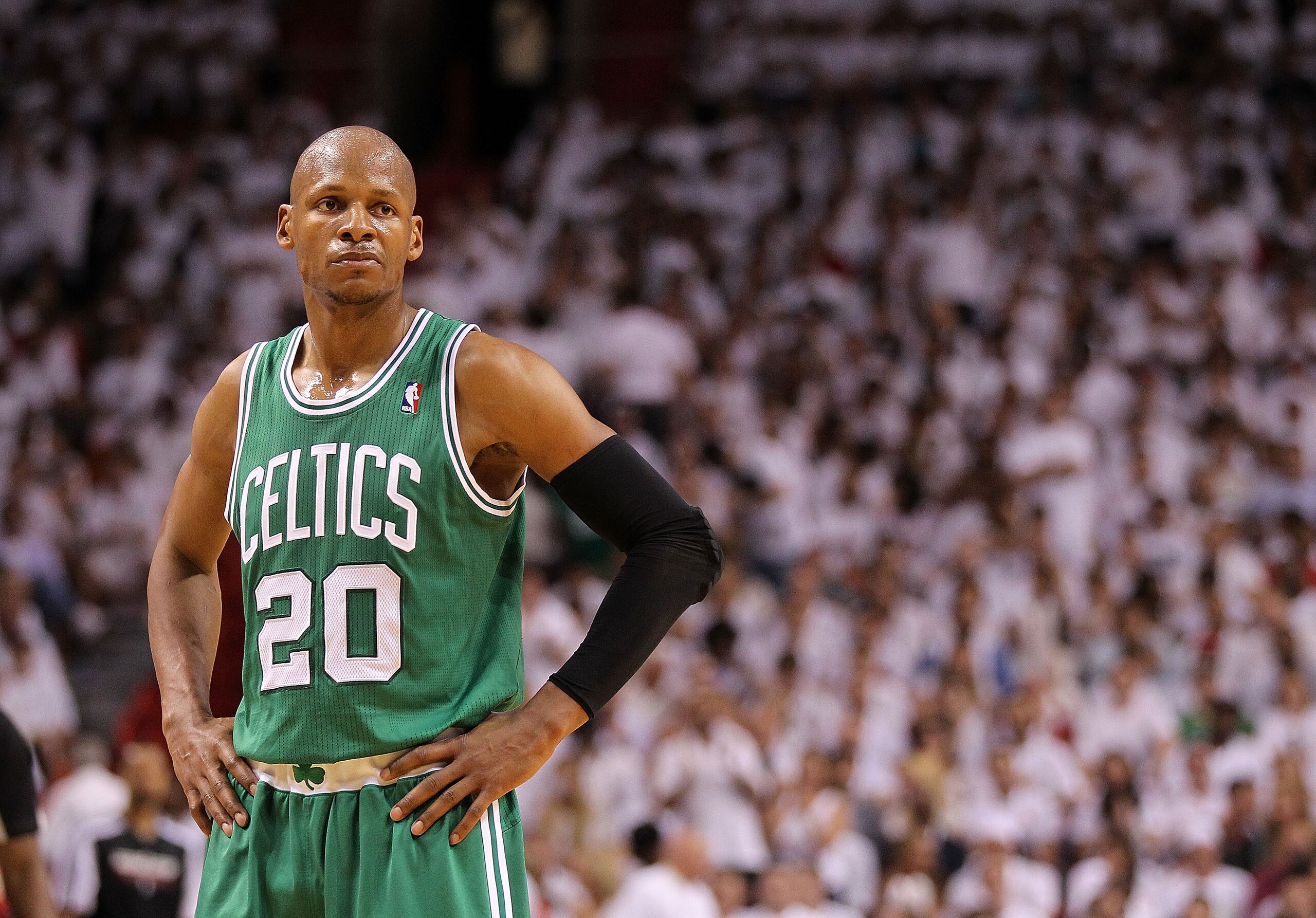 MIAMI, FL - MAY 01: Ray Allen #20 of the Boston Celtics looks on during Game One of the Eastern Conference Semifinals of the 2011 NBA Playoffs against the Miami Heat at American Airlines Arena on May 1, 2011 in Miami, Florida. NOTE TO USER: User expres MIAMI, FL - MAY 01: Ray Allen #20 of the Boston Celtics looks on during Game One of the Eastern Conference Semifinals of the 2011 NBA Playoffs against the Miami Heat at American Airlines Arena on May 1, 2011 in Miami, Florida. NOTE TO USER: User expres