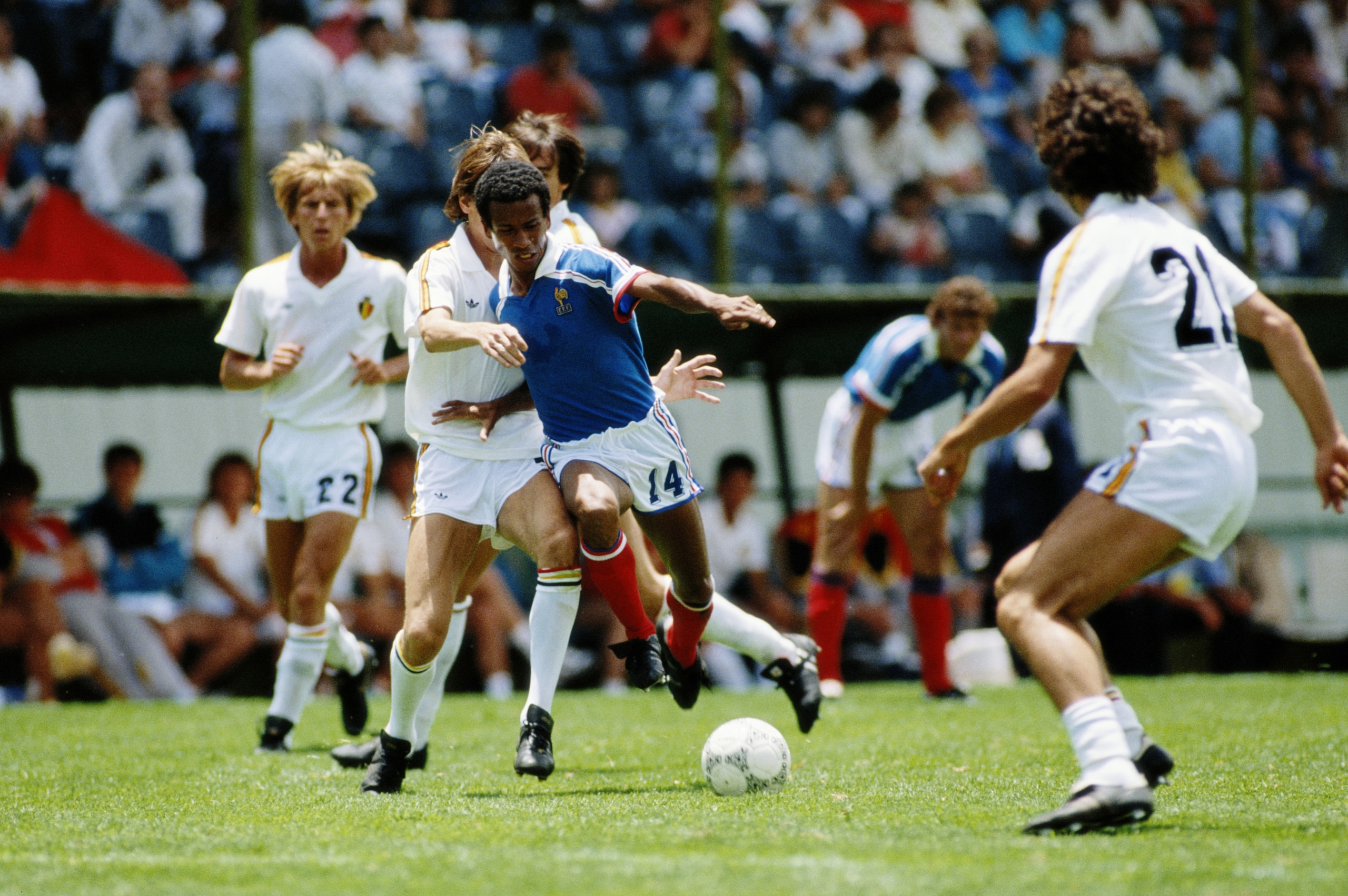 Jean Tigana of France in action during third place playoff against Belgium in the 1986 FIFA World Cup on 28 June 1986 at the Cuauhtemoc Stadium in Puebla, Mexico. France went on to win 4-2 after extra time. (Photo by David Cannon/Getty Images)