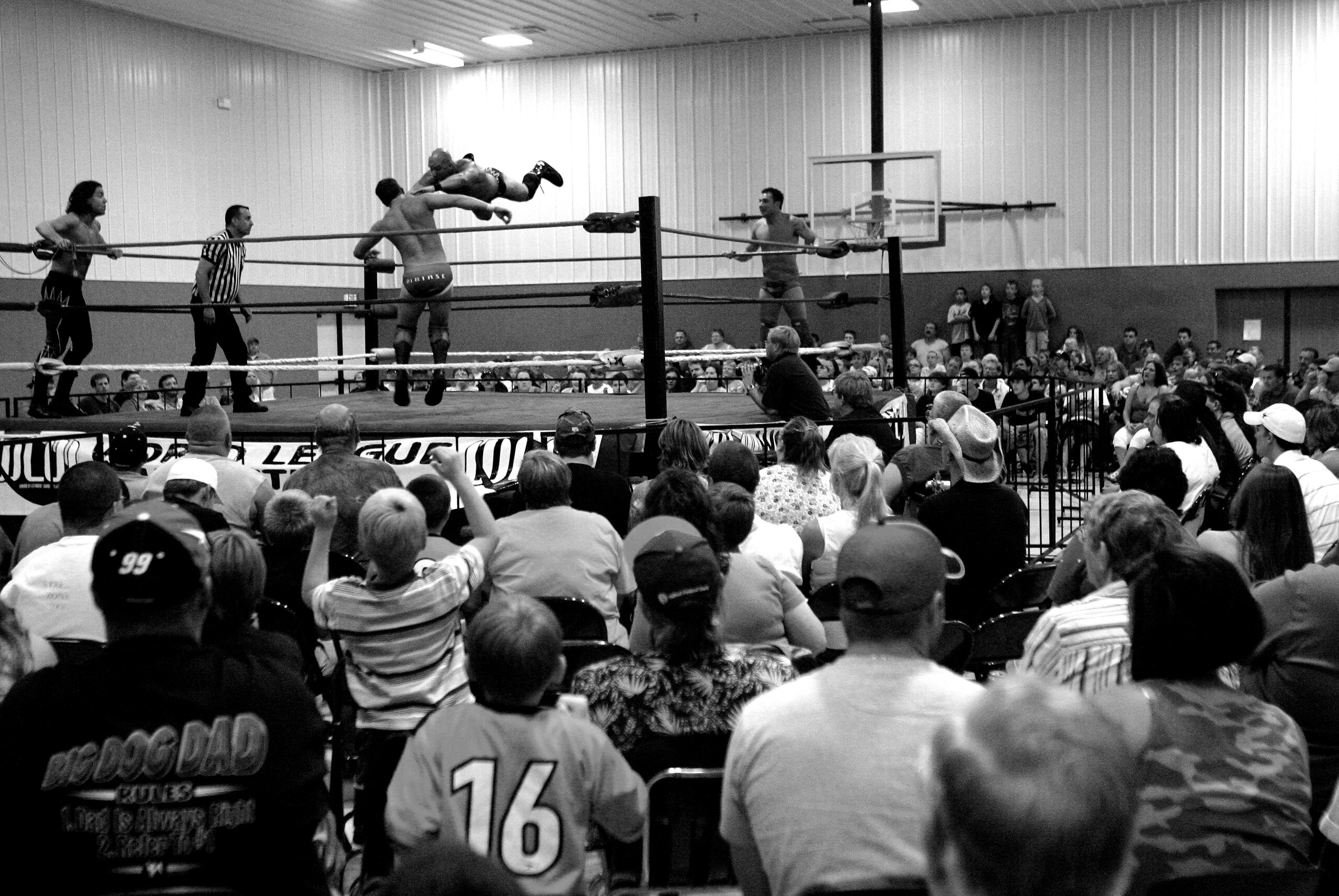 ELDON - JULY 8: Fans watch Mike and Teddy DiBiase Jr. during their first professional fight for the World League Wrestling on July 8, 2006 in Eldon, Missouri. They trained at the Harley Race Wrestling Academy. Harley Race's legendary wrestling career span