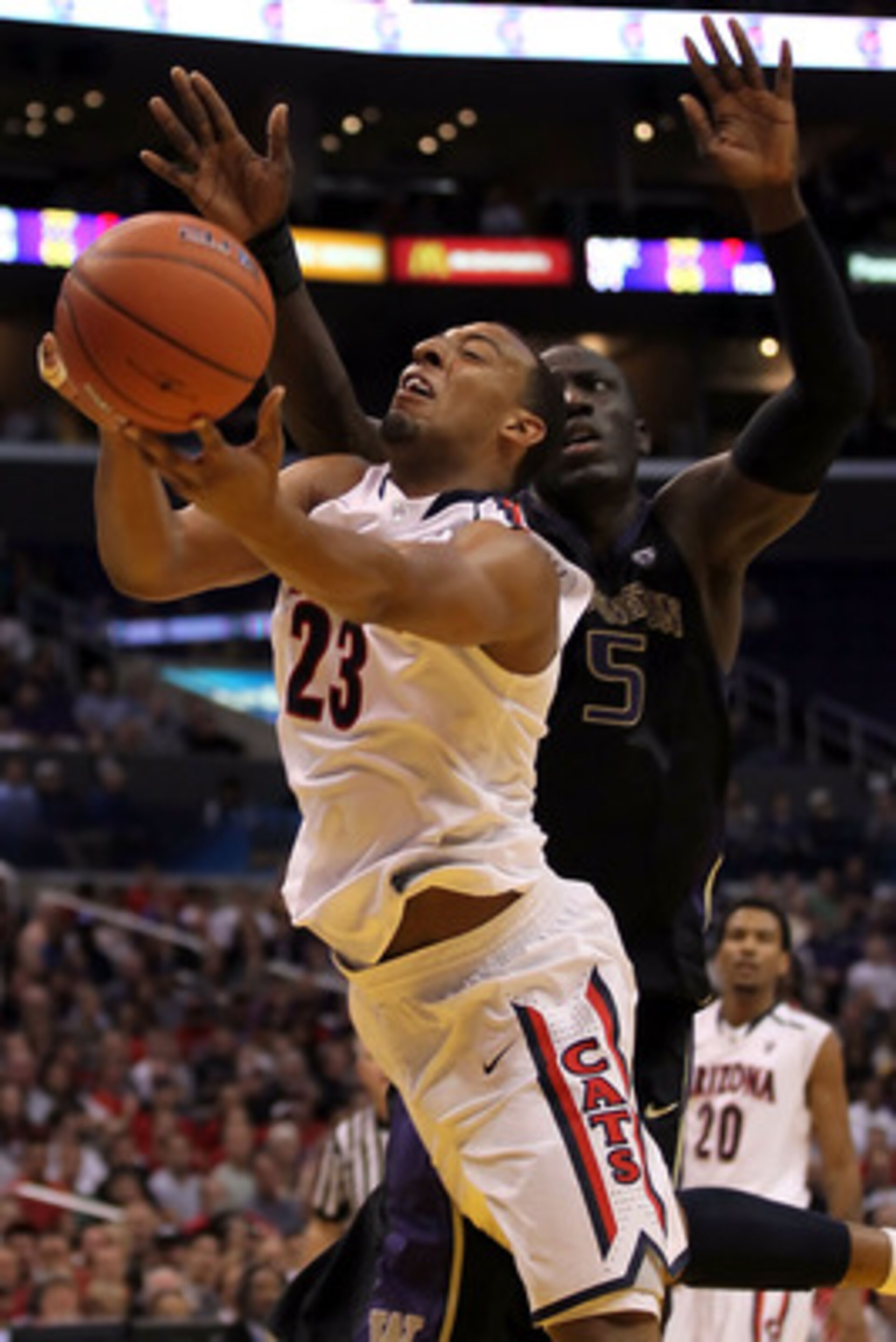 LOS ANGELES, CA - MARCH 12:  Derrick Williams #23 of the Arizona Wildcats goes up for a shot while taking on the Washington Huskies in the championship game of the 2011 Pacific Life Pac-10 Men's Basketball Tournament at Staples Center on March 12, 2011 in