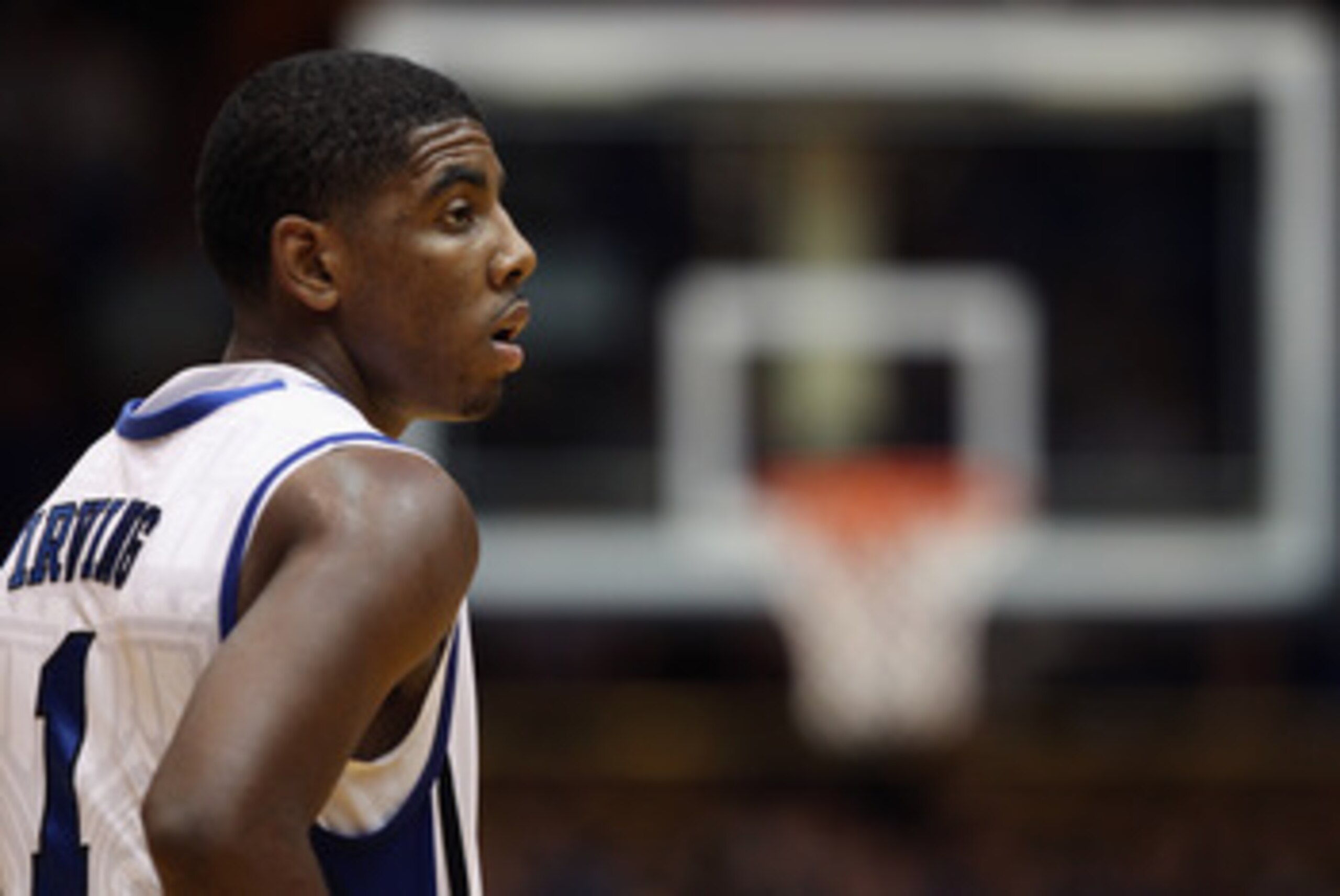 DURHAM, NC - DECEMBER 01:  Kyrie Irving #1 of the Duke Blue Devils watches on during their game against the Michigan State Spartans at Cameron Indoor Stadium on December 1, 2010 in Durham, North Carolina.  (Photo by Streeter Lecka/Getty Images)