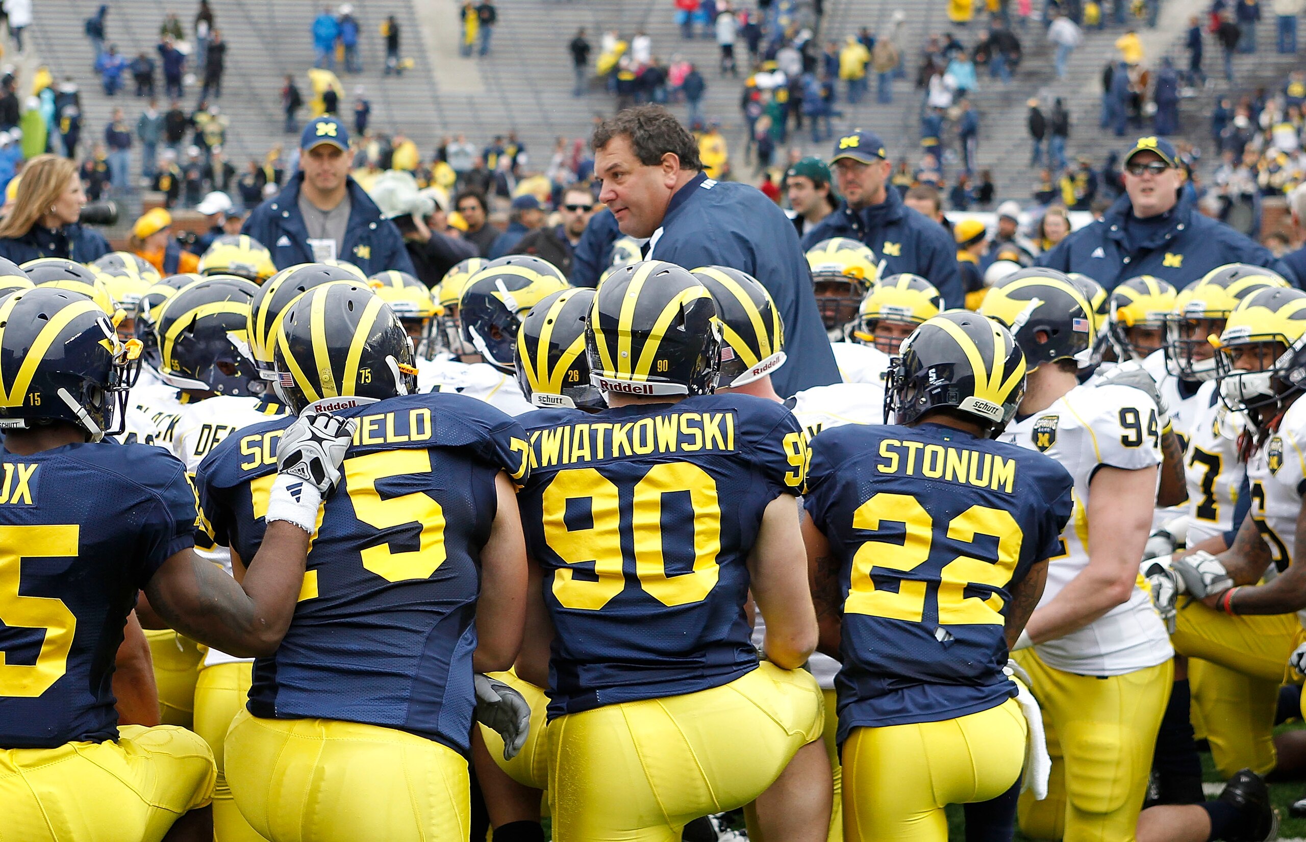 ANN ARBOR, MI - APRIL 16:  Head football coach Brady Hoke talks with his team during the annual Spring Game at Michigan Stadium on April 16, 2011 in Ann Arbor, Michigan.  (Photo by Leon Halip/Getty Images)
