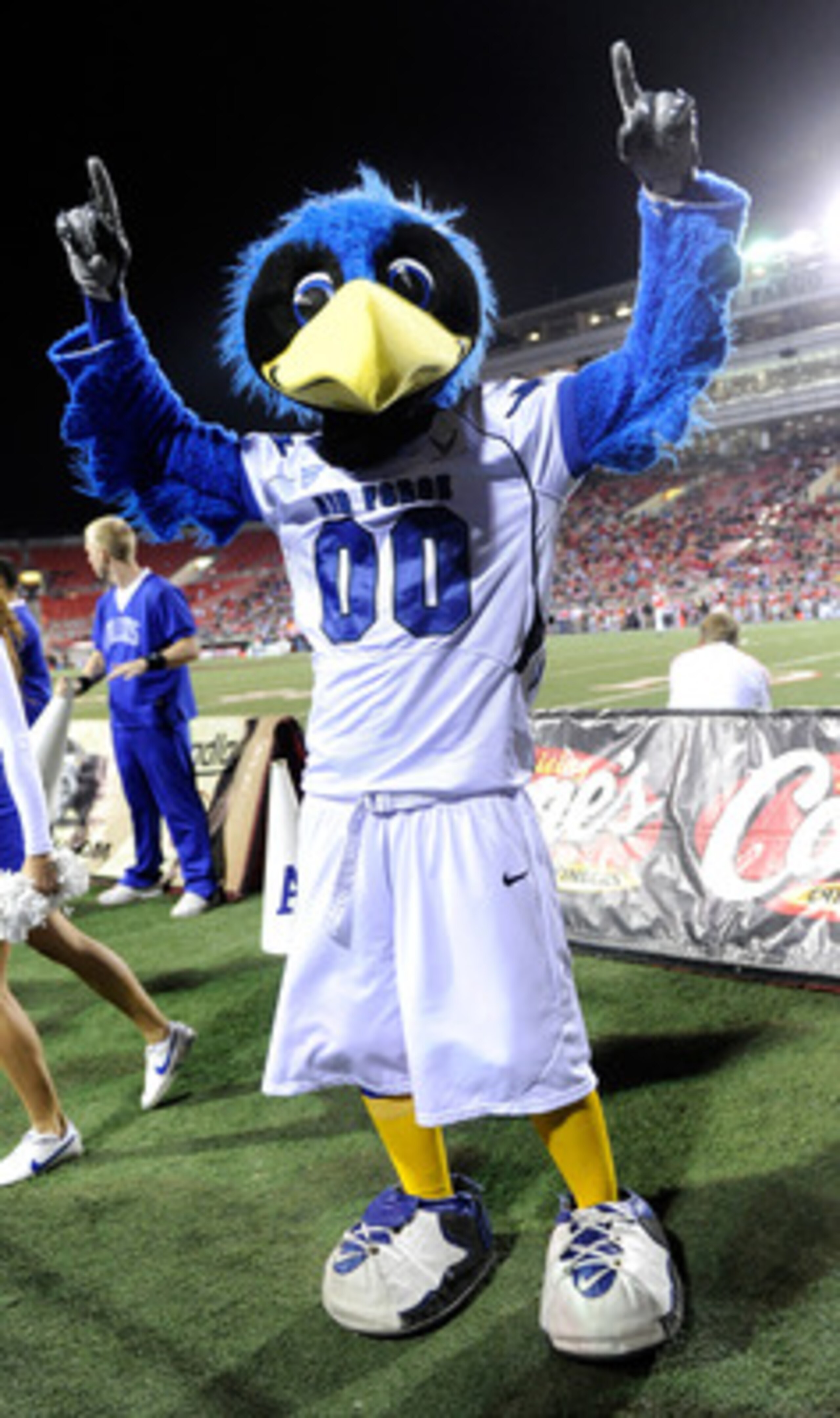 LAS VEGAS - NOVEMBER 18:  The Air Force Falcons mascot The Bird performs during the team's game against the UNLV Rebels at Sam Boyd Stadium November 18, 2010 in Las Vegas, Nevada. Air Force won 35-20.  (Photo by Ethan Miller/Getty Images)