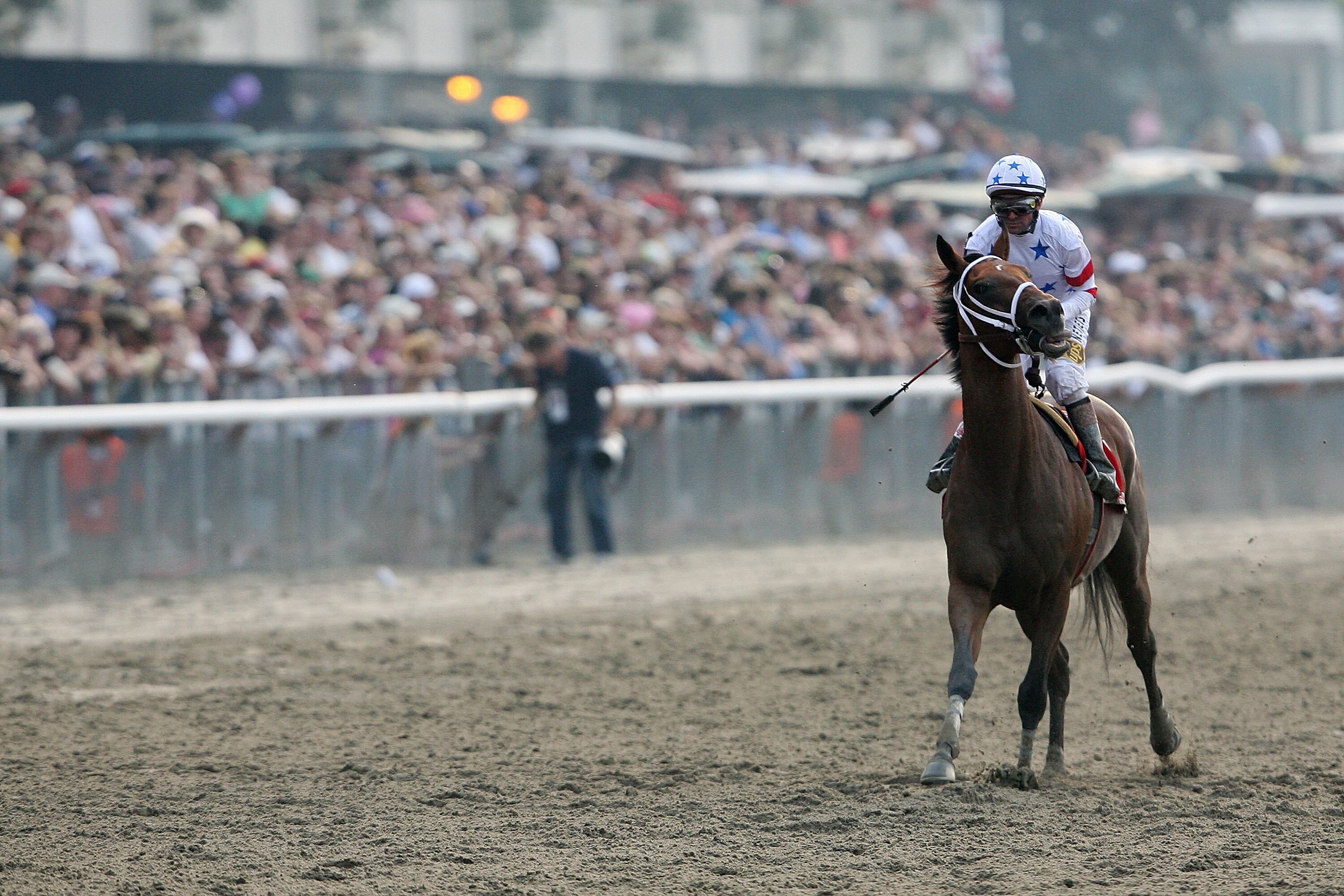 ELMONT, NY - JUNE 07:  Big Brown ridden by jockey Kent Desormeaux, comes in limp down the final stretch of the 140th running of the Belmont Stakes at Belmont Park on June 7, 2008 in Elmont, New York.  (Photo by Nick Laham/Getty Images)