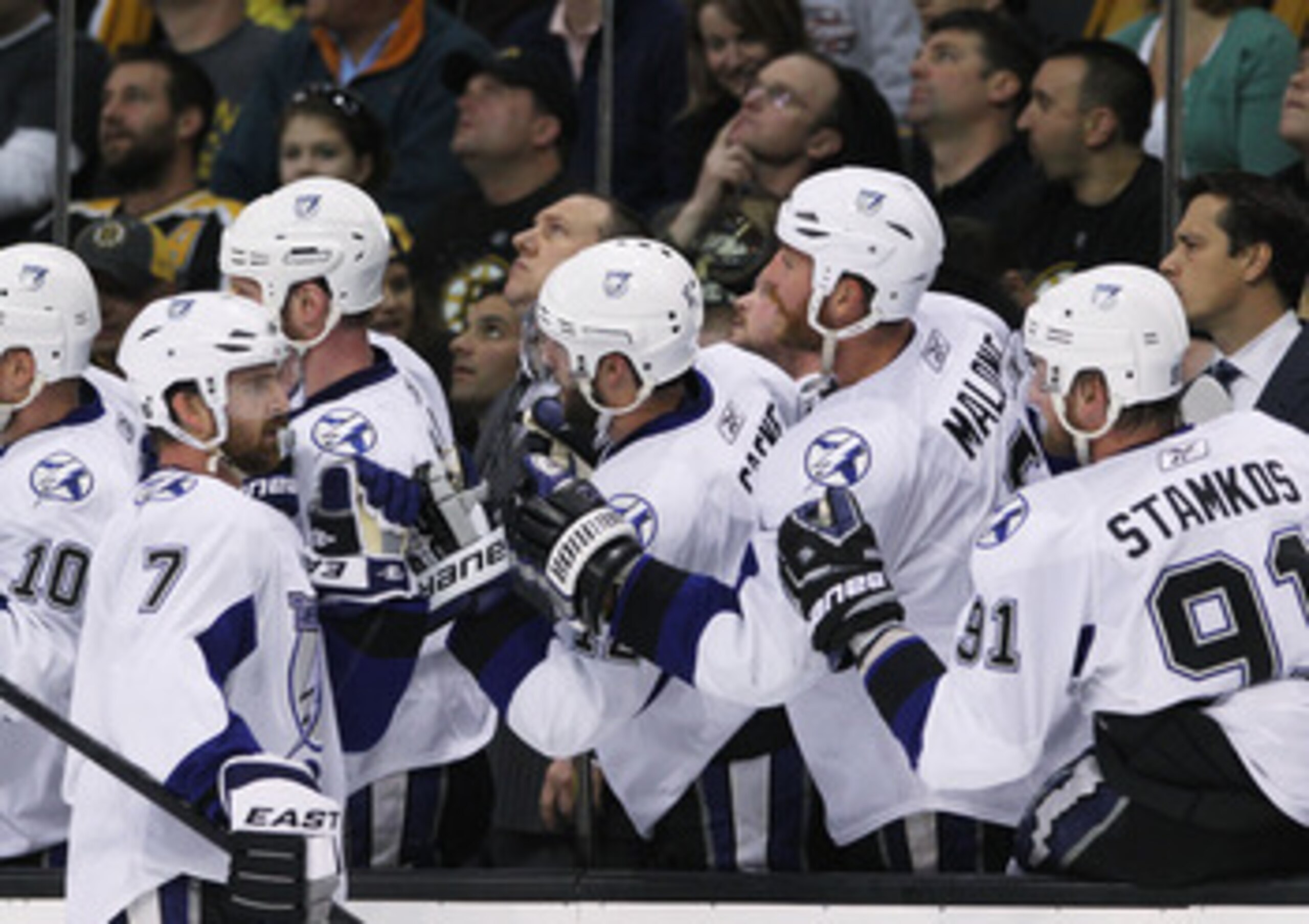 BOSTON, MA - MAY 14:  Brett Clark #7 of the Tampa Bay Lightning celebrates his first period goal against the Boston Bruins with teammates in Game One of the Eastern Conference Finals during the 2011 NHL Stanley Cup Playoffs at TD Garden on May 14, 2011 in