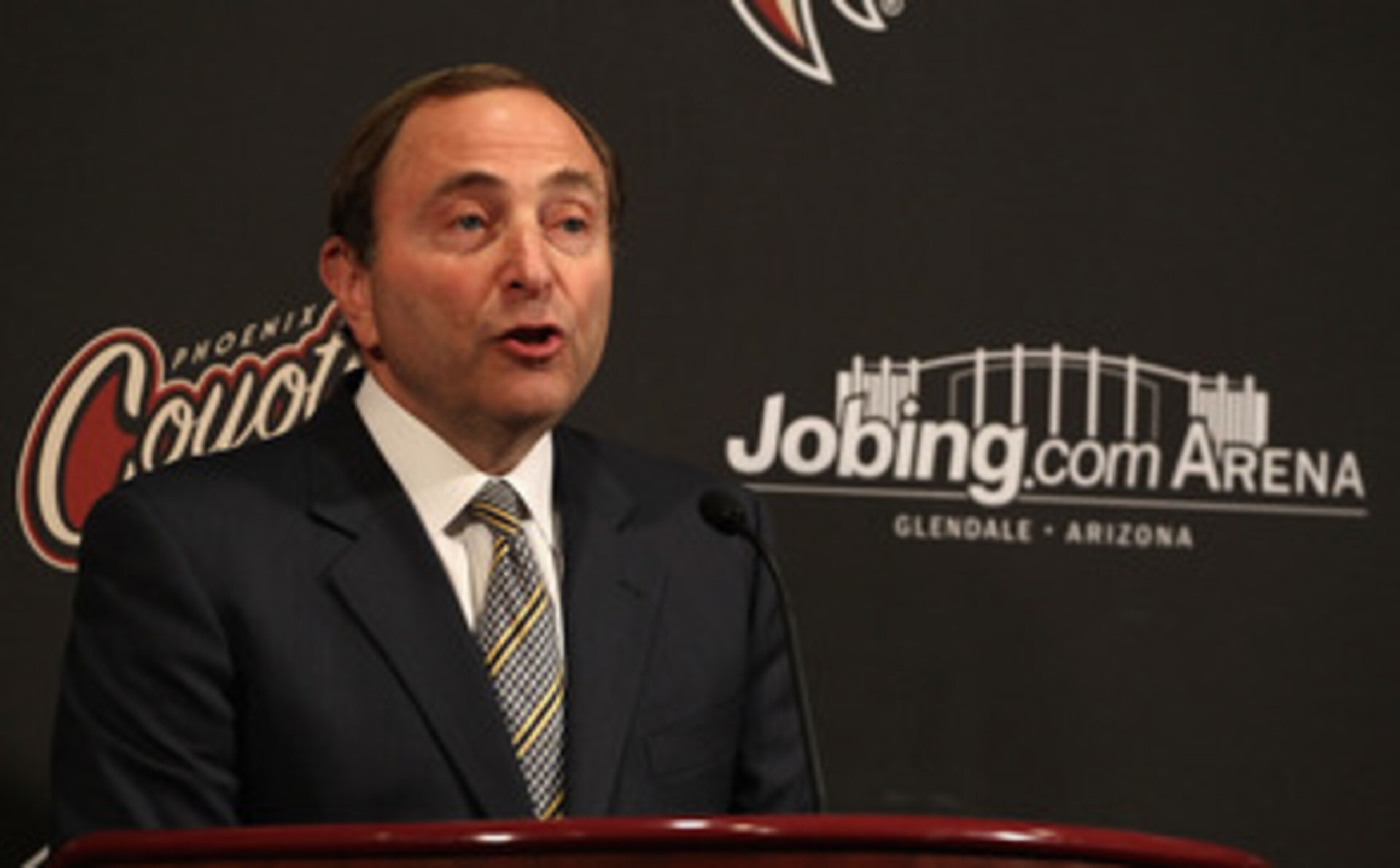 GLENDALE, AZ - MARCH 08:  NHL commissioner Gary Bettman speaks during a press conference before the NHL game between the Vancouver Canucks and the Phoenix Coyotes at Jobing.com Arena on March 8, 2011 in Glendale, Arizona.  (Photo by Christian Petersen/Get