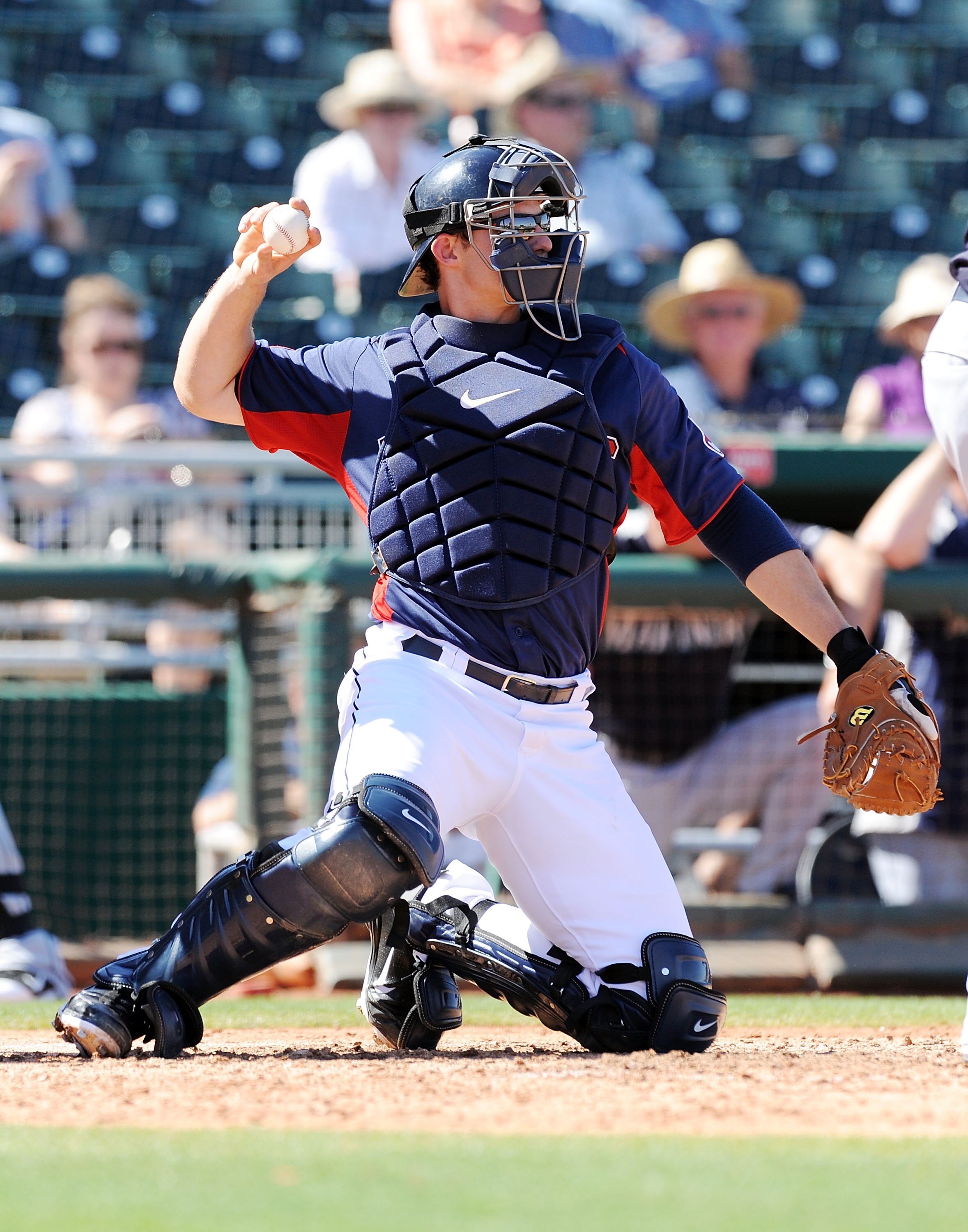 GOODYEAR, AZ - MARCH 11:  Lou Marson #6 of the Cleveland Indians throws the ball back to the pitcher against the Seattle Mariners at Goodyear Ballpark on March 11, 2011 in Goodyear, Arizona.  (Photo by Norm Hall/Getty Images)