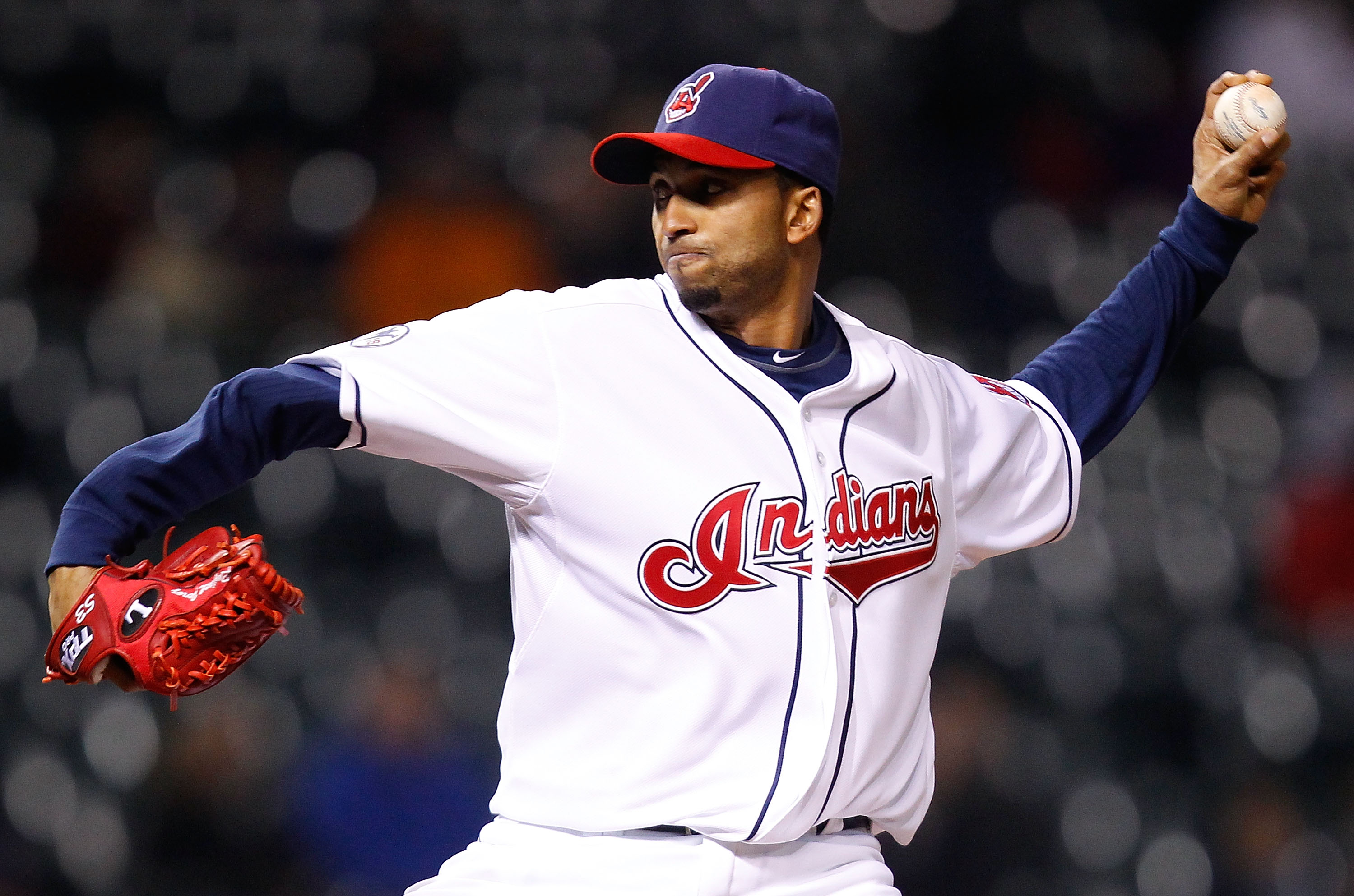 CLEVELAND - APRIL 06:  Rafael Perez #53 of the Cleveland Indians pitches against the Boston Red Sox during the game on April 6, 2011 at Progressive Field in Cleveland, Ohio.  (Photo by Jared Wickerham/Getty Images)