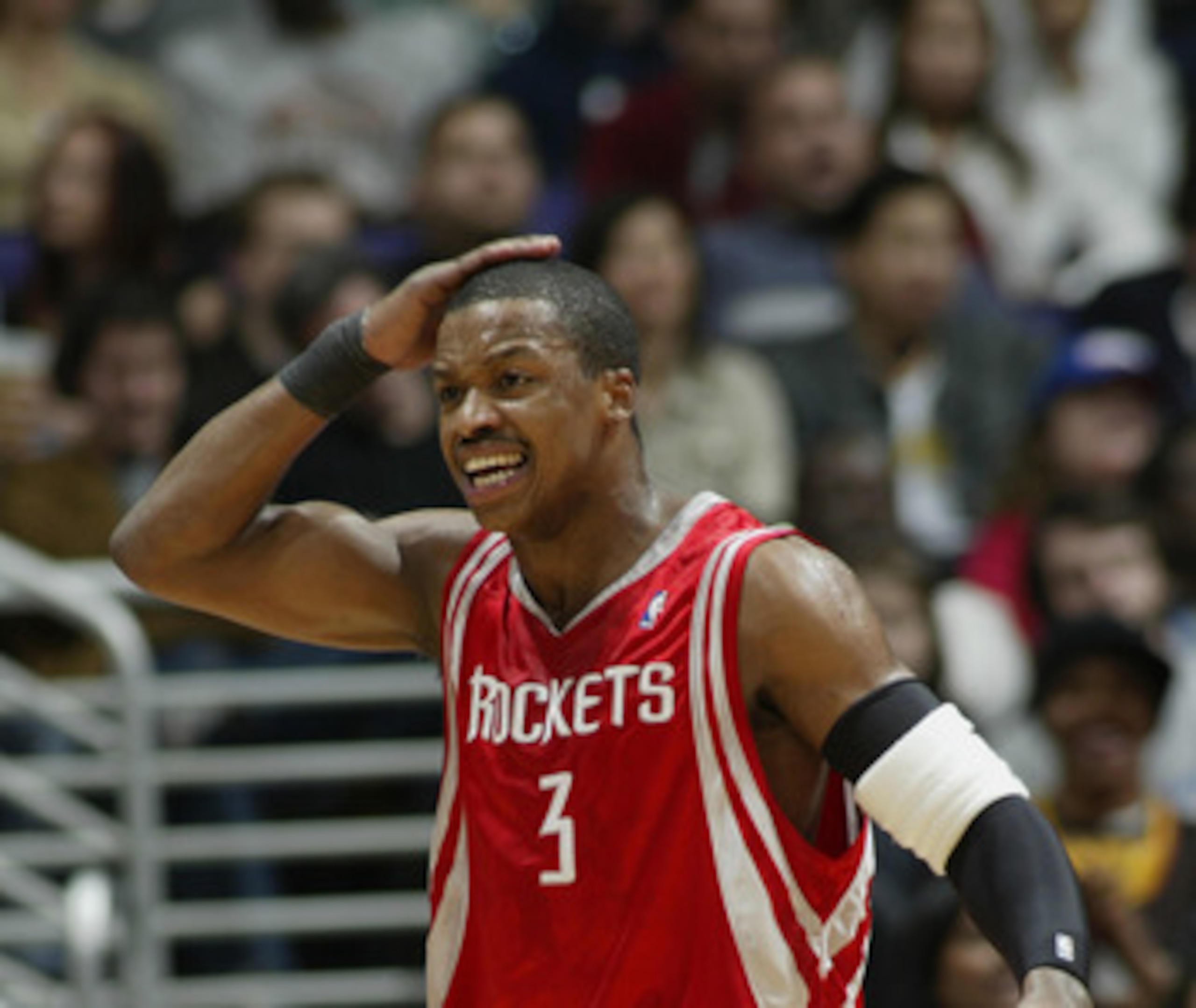 LOS ANGELES - APRIL 7:  Steve Francis #3 of the Houston Rockets reacts after the play against the Los Angeles Clippers during the game at Staples Center on April 7, 2004 in Los Angeles, California.  The Rockets won 102-79.   NOTE TO USER: User expressly a