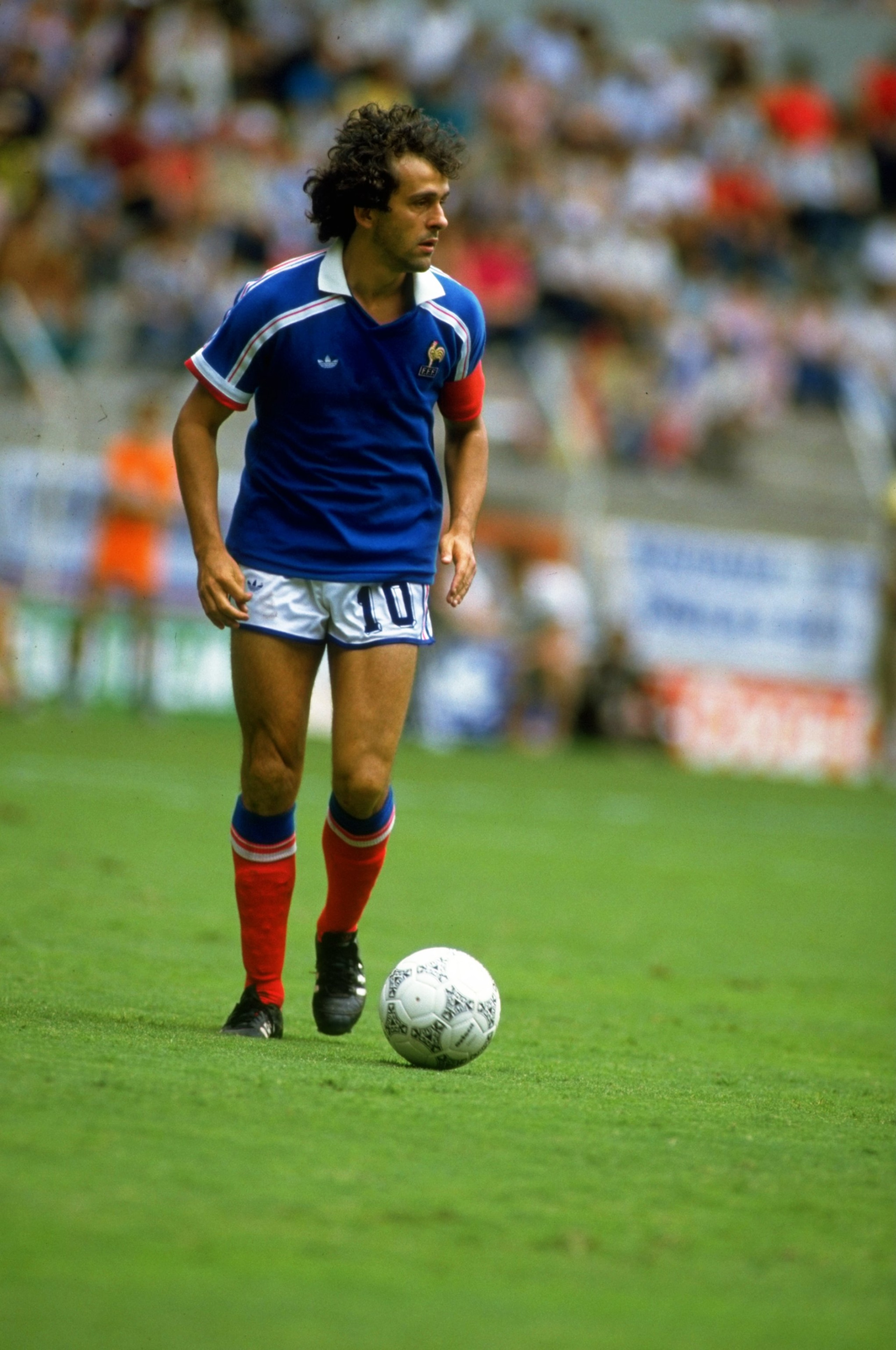 25 Jun 1986:  Michel Platini of France in action during the World Cup match against West Germany at the Jalisco Stadium in Guadalajara, Mexico. West Germany won the match 2-0. \ Mandatory Credit: David  Cannon/Allsport