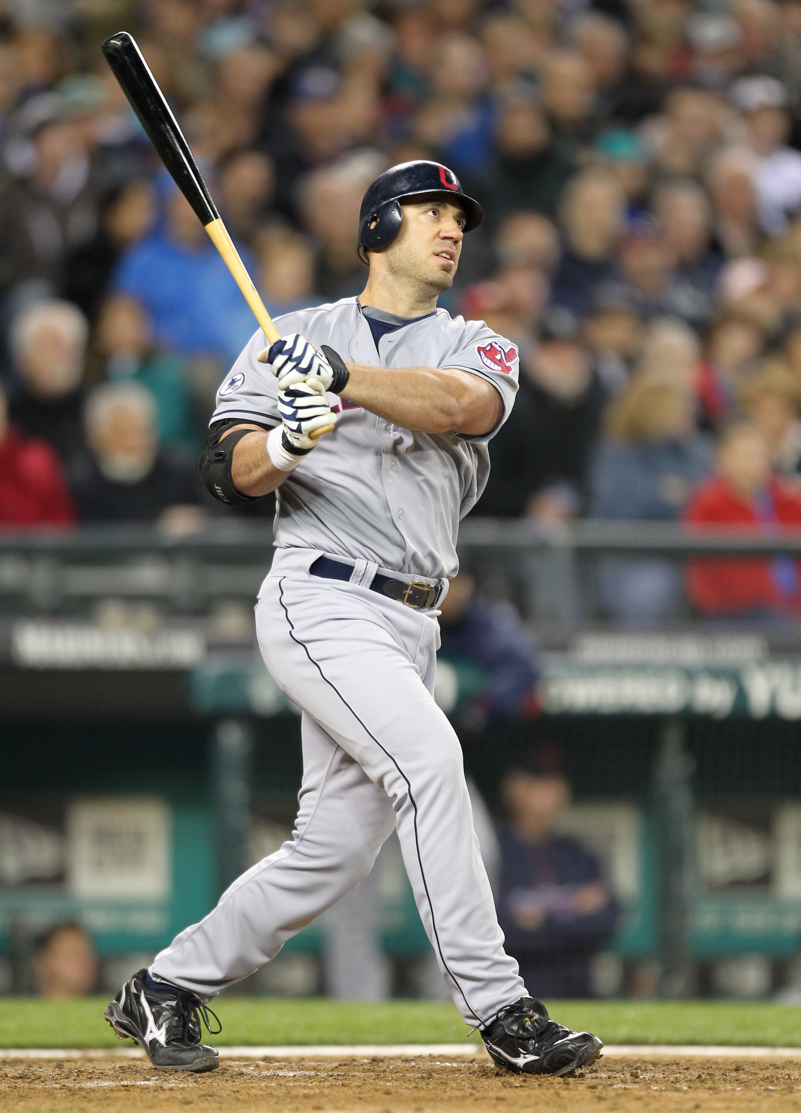 SEATTLE, WA - APRIL 08:  Travis Hafner #48 of the Cleveland Indians watches his three-run homerun in the fourth inning against the Seattle Mariners during the Mariners' home opener at Safeco Field on April 8, 2011 in Seattle, Washington. (Photo by Otto Gr