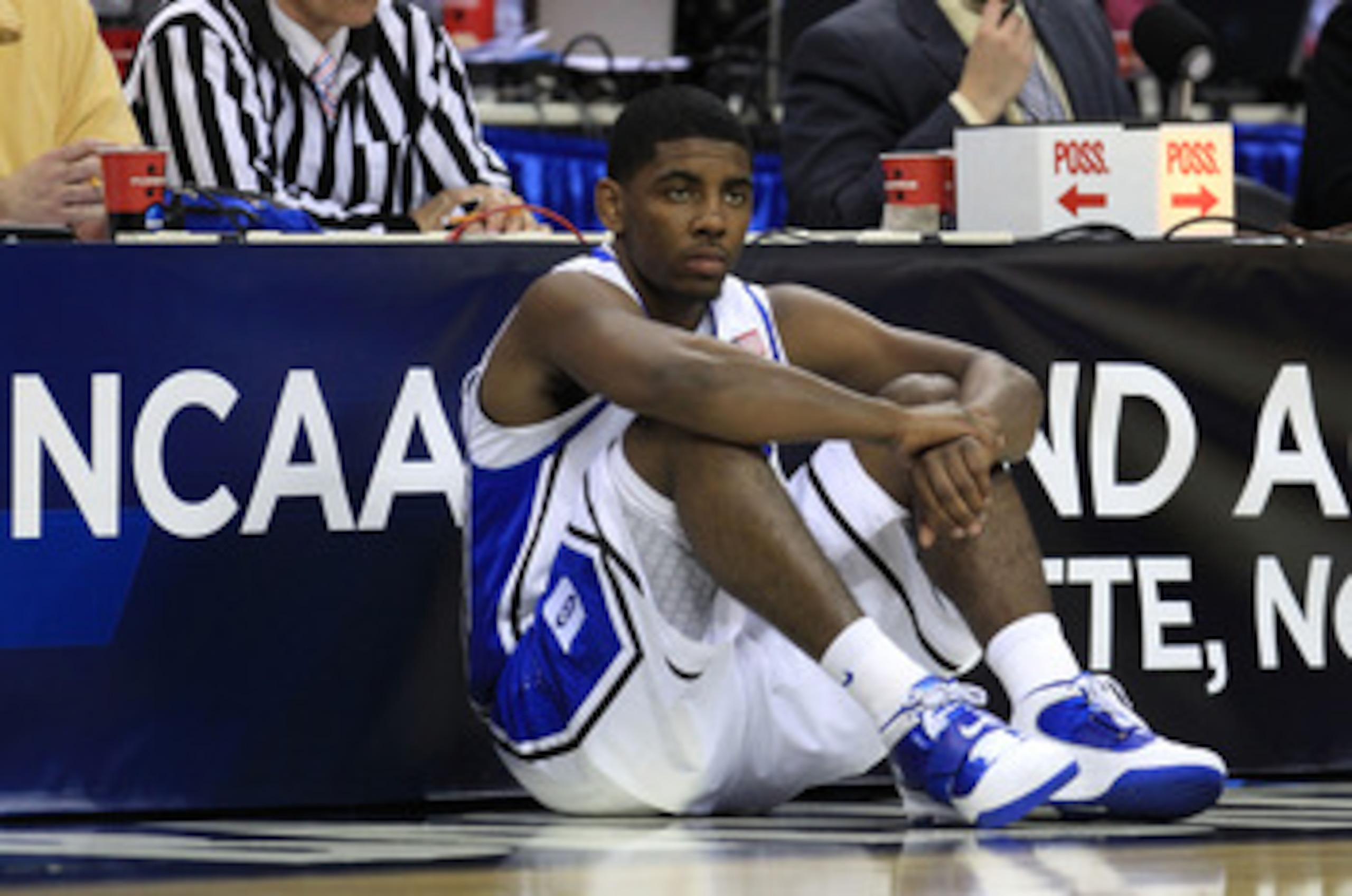 CHARLOTTE, NC - MARCH 20:  Kyrie Irving #1 of the Duke Blue Devils waits to enter the game while taking on the Michigan Wolverines during the third round of the 2011 NCAA men's basketball tournament at Time Warner Cable Arena on March 20, 2011 in Charlott