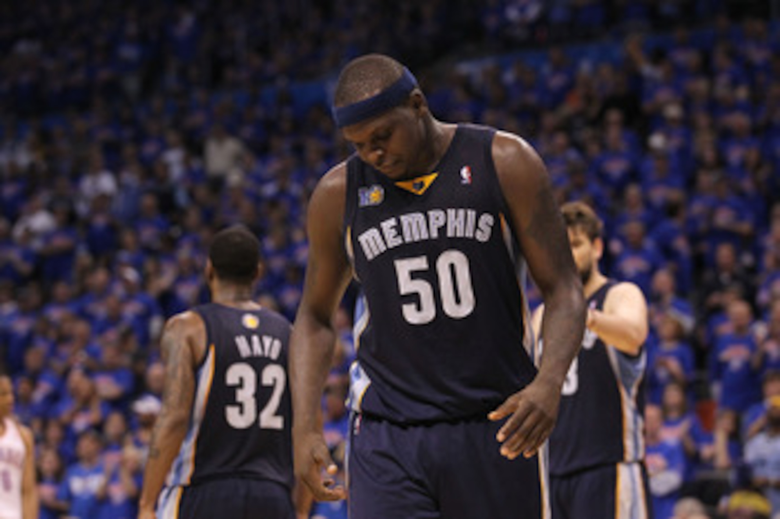 OKLAHOMA CITY, OK - MAY 15: Forward Zach Randolph #50 of the Memphis Grizzlies reacts during a 90-105 loss against the Oklahoma City Thunder in Game Seven of the Western Conference Semifinals in the 2011 NBA Playoffs on May 15, 2011 at Oklahoma City Aren OKLAHOMA CITY, OK - MAY 15: Forward Zach Randolph #50 of the Memphis Grizzlies reacts during a 90-105 loss against the Oklahoma City Thunder in Game Seven of the Western Conference Semifinals in the 2011 NBA Playoffs on May 15, 2011 at Oklahoma City Aren