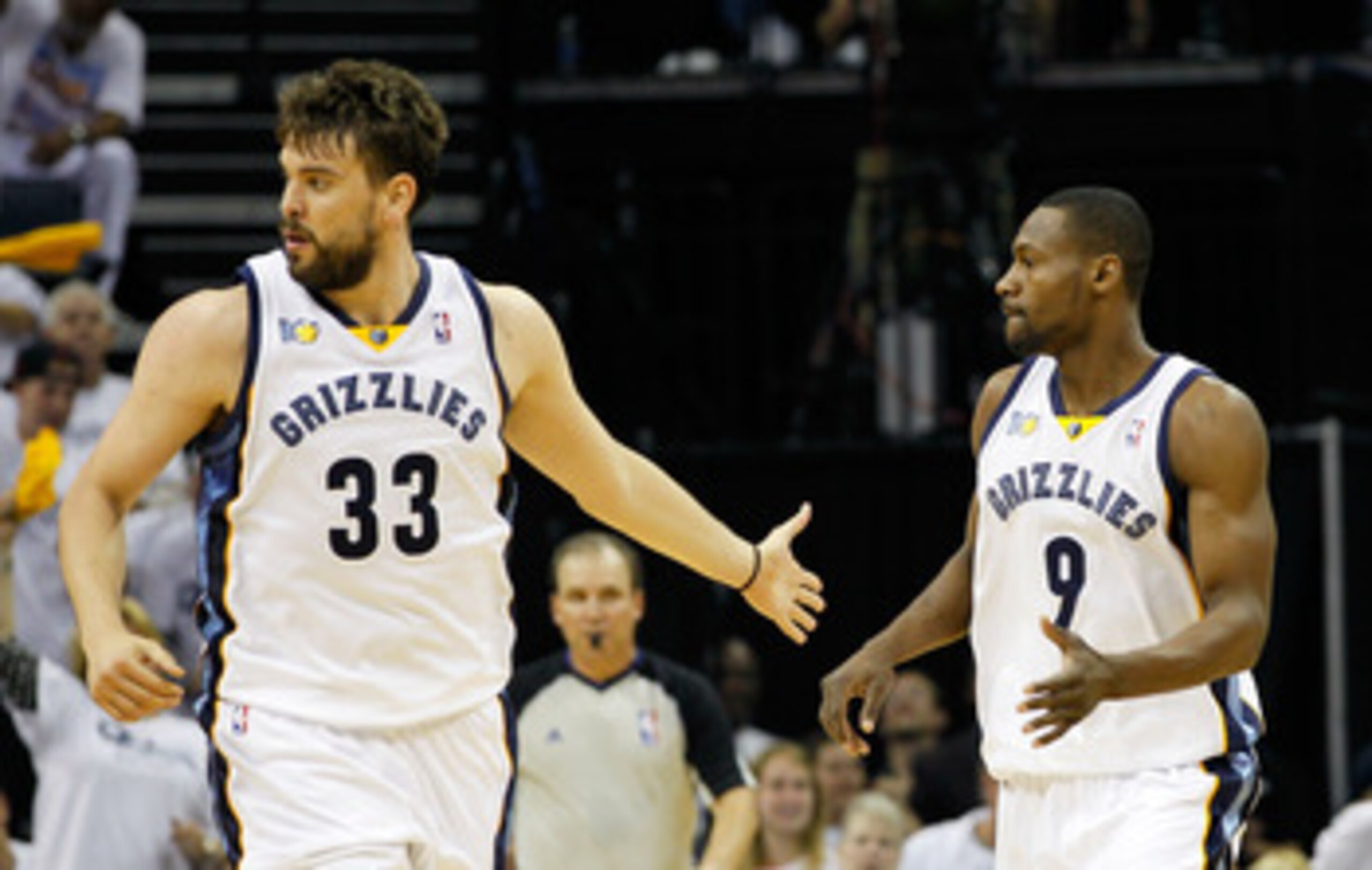 MEMPHIS, TN - MAY 13: Marc Gasol #33 reacts after Tony Allen #9 of the Memphis Grizzlies made a three-point basket against the Oklahoma City Thunder in Game Six of the Western Conference Semifinals in the 2011 NBA Playoffs at FedExForum on May 13, 2011 i MEMPHIS, TN - MAY 13: Marc Gasol #33 reacts after Tony Allen #9 of the Memphis Grizzlies made a three-point basket against the Oklahoma City Thunder in Game Six of the Western Conference Semifinals in the 2011 NBA Playoffs at FedExForum on May 13, 2011 i