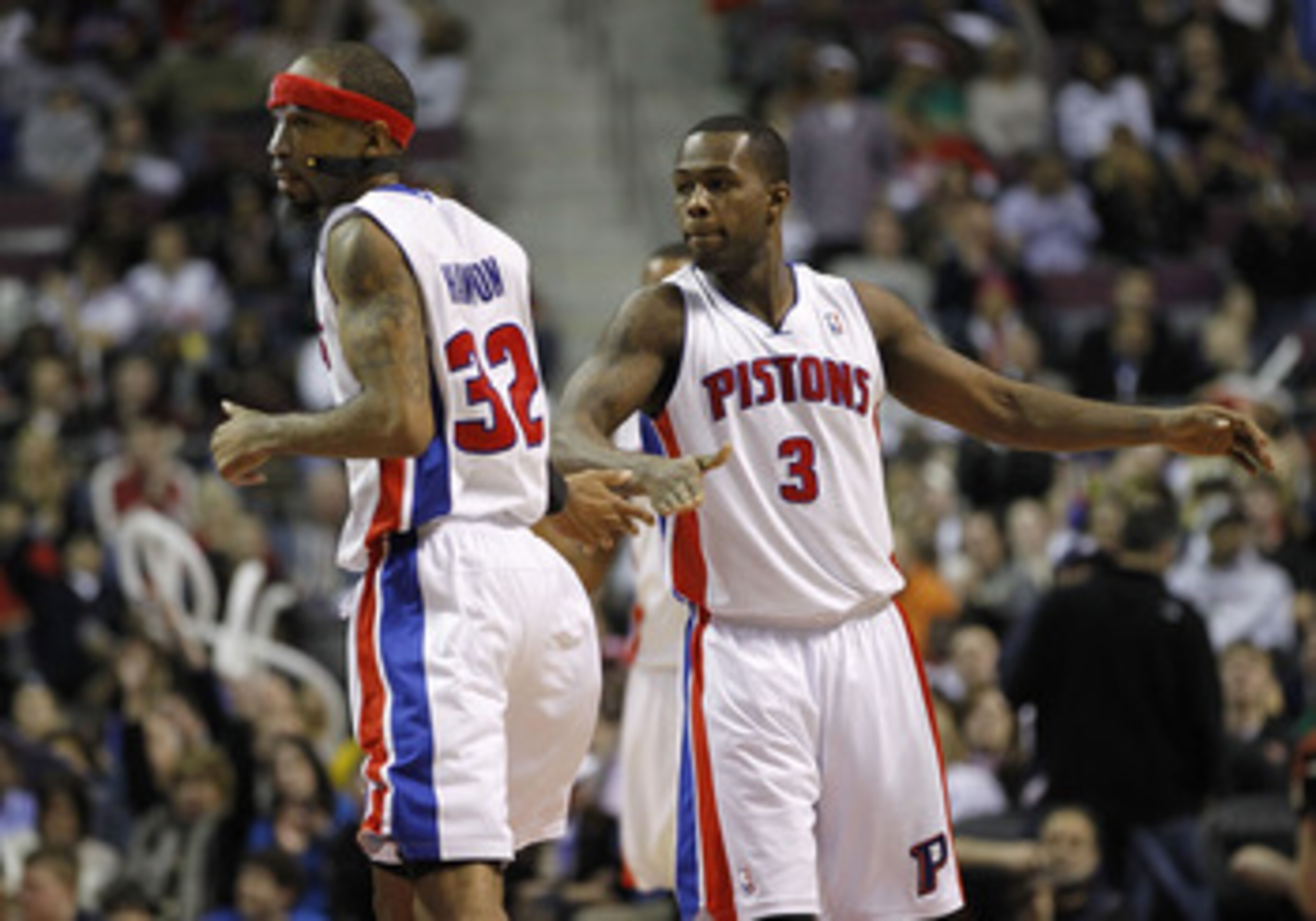 AUBURN HILLS, MI - MARCH 23: Richard Hamilton #32 of the Detroit Pistons celebrates a three-point basket with teammate Rodney Stuckey #3 while playing the Miami Heat at The Palace of Auburn Hills on March 23, 2011 in Auburn Hills, Michigan. Miami won the AUBURN HILLS, MI - MARCH 23: Richard Hamilton #32 of the Detroit Pistons celebrates a three-point basket with teammate Rodney Stuckey #3 while playing the Miami Heat at The Palace of Auburn Hills on March 23, 2011 in Auburn Hills, Michigan. Miami won the