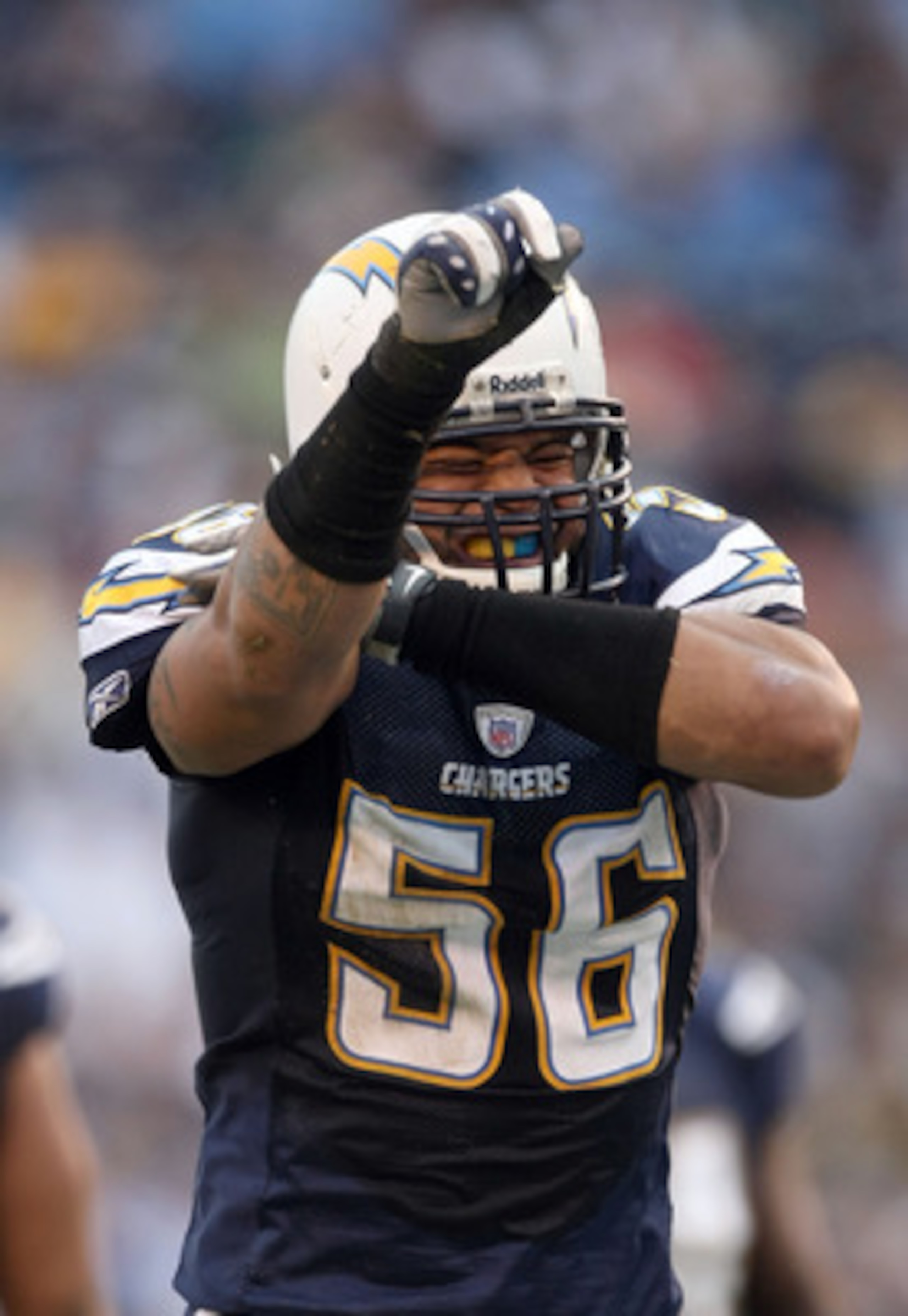 SAN DIEGO - NOVEMBER 25:  Shawne Merriman #56 of the San Diego Chargers reacts to a tackle against the Baltimore Ravens en route to the Chargers's 32-14 win during their NFL Game at Qualcomm Stadium November 25, 2007 in San Diego, California.  (Photo by D