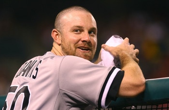 ANAHEIM, CA - MAY 25:  John Danks #50 of the Chicago White Sox is all smiles after coming out of the game in the sixth inning against the Los Angeles Angels of Anaheim at Angel Stadium on May 25, 2009 in Anaheim, California.  (Photo by Jeff Gross/Getty Im