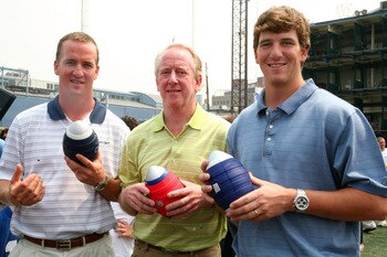 NEW YORK - JUNE 14:  (L-R) Indianapolis Colts quarterback Peyton Manning, Archie Manning and New York Giants quarterback Eli Manning attends the NERF Father's Day Football Throwdown on June 14, 2008 at Chelsea Piers in New York City.  (Photo by Astrid Sta