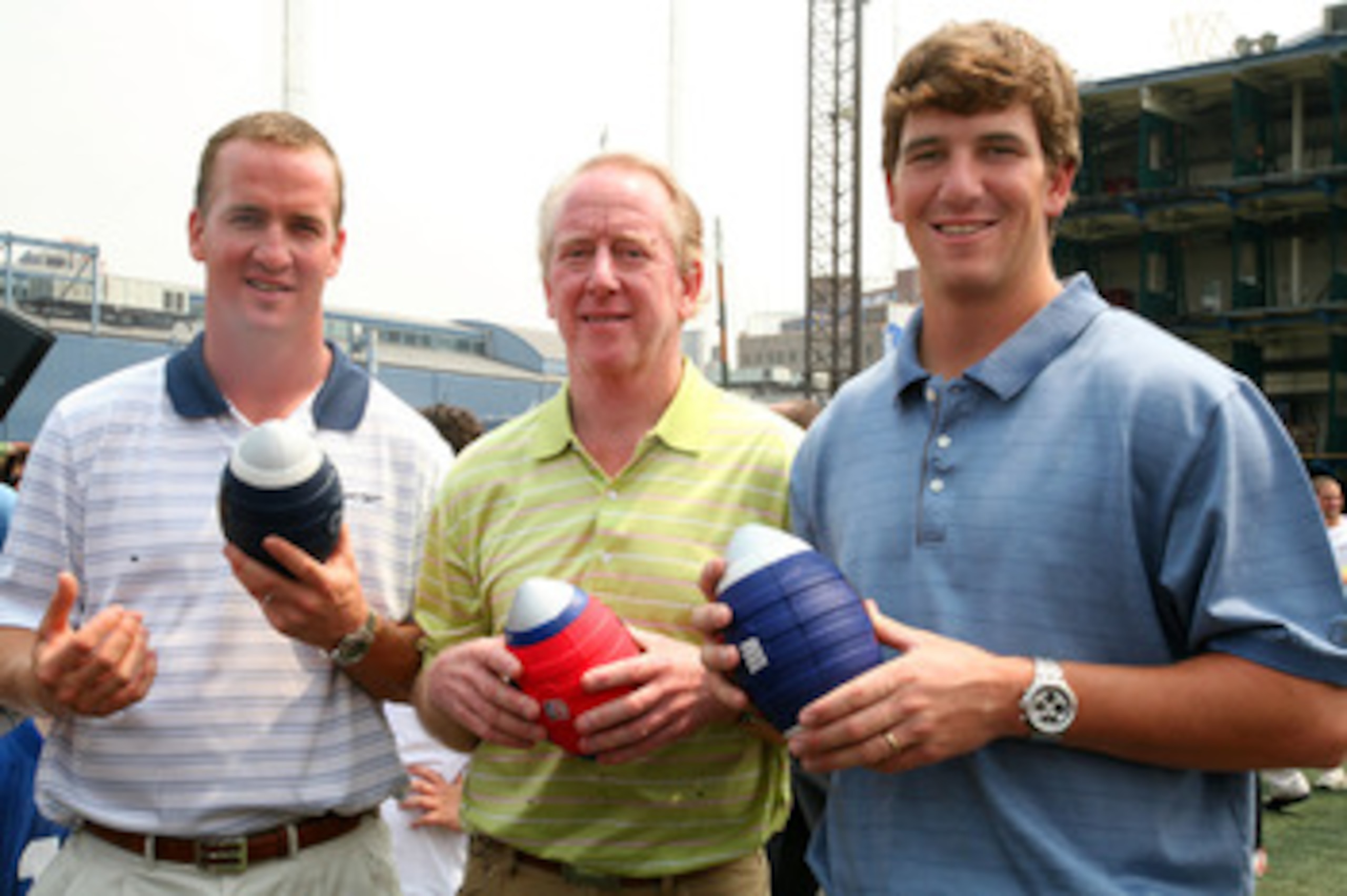 NEW YORK - JUNE 14:  (L-R) Indianapolis Colts quarterback Peyton Manning, Archie Manning and New York Giants quarterback Eli Manning attends the NERF Father's Day Football Throwdown on June 14, 2008 at Chelsea Piers in New York City.  (Photo by Astrid Sta