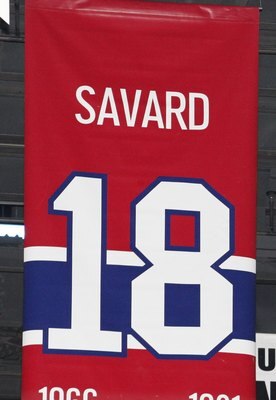 MONTREAL- APRIL 19:  A photo of the banners commemorating the retired jerseys of Serge Savard, Guy Lafleur and Larry Robinson hanging in the Bell Centre prior to Game Three of the Eastern Conference Quarterfinals between the Washington Capitals and Montre