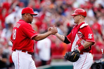 CINCINNATI, OH - MAY 14: Francisco Cordero #48 and Ramon Hernandez #55 of the Cincinnati Reds celebrate after the final out against the St. Louis Cardinals at Great American Ball Park on May 14, 2011 in Cincinnati, Ohio. The Reds defeated the Cardinals 7-