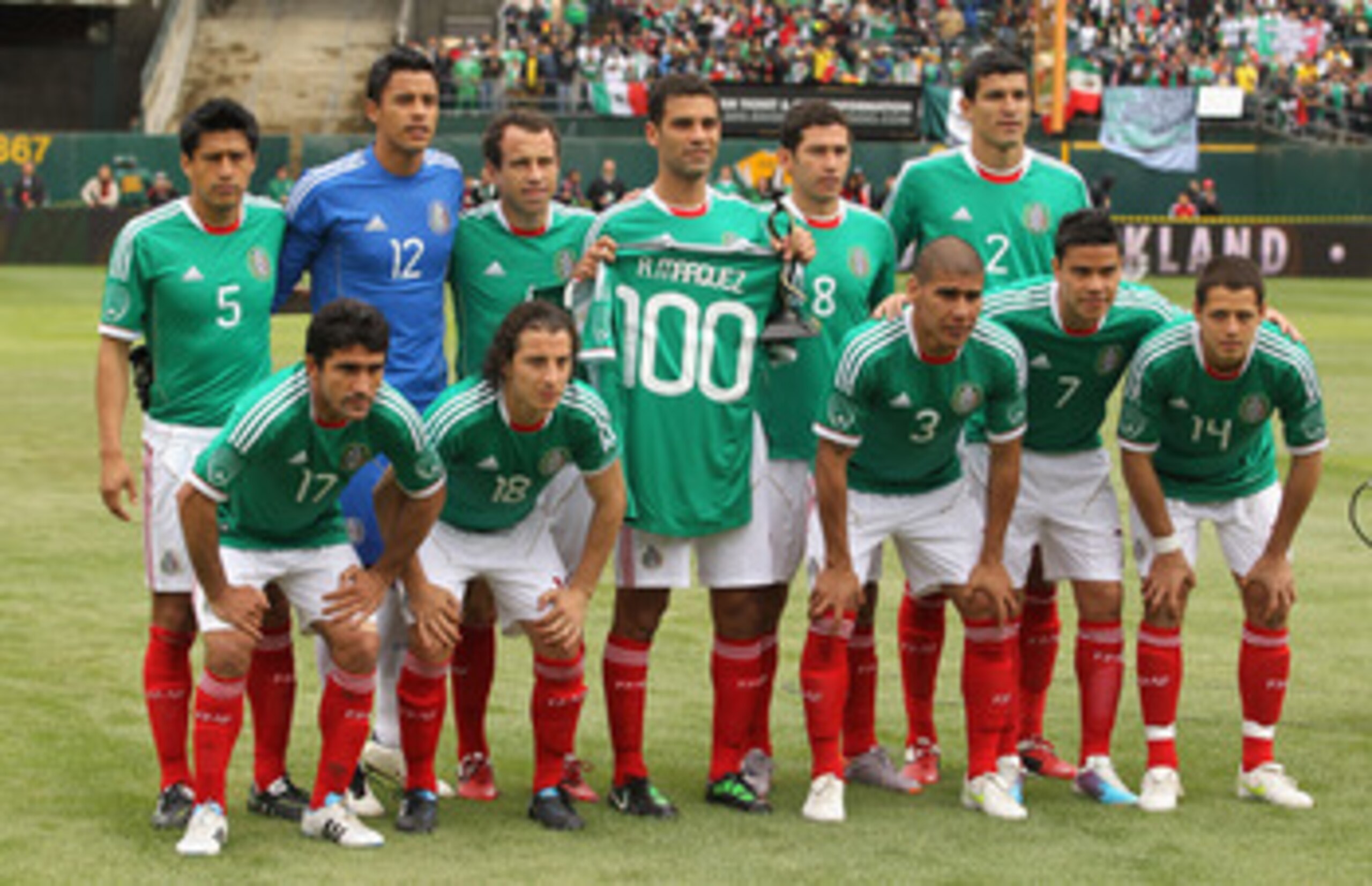 OAKLAND, CA - MARCH 26: Rafael Marquez of Mexico holds up a jersey for his 100th game before their international friendly match against Paraguay at Oakland-Alameda County Coliseum on March 26, 2011 in Oakland, California.  (Photo by Ezra Shaw/Getty Images