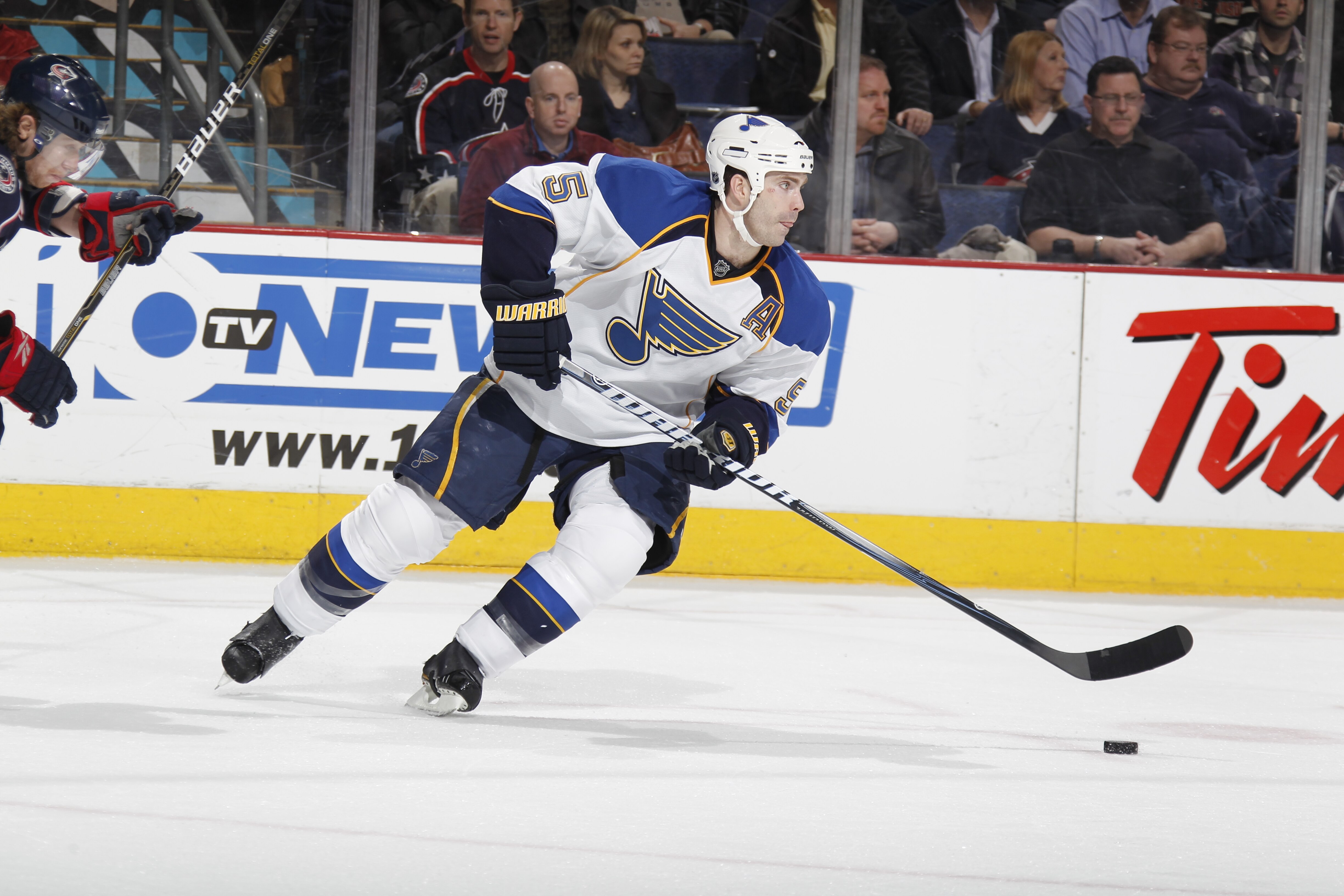 COLUMBUS, OH - MARCH 09:  Barret Jackman #5 of the St. Louis Blues skates with the puck while playing against the Columbus Blue Jackets on March 9, 2011 at Nationwide Arena in Columbus, Ohio.  (Photo by Gregory Shamus/Getty Images)