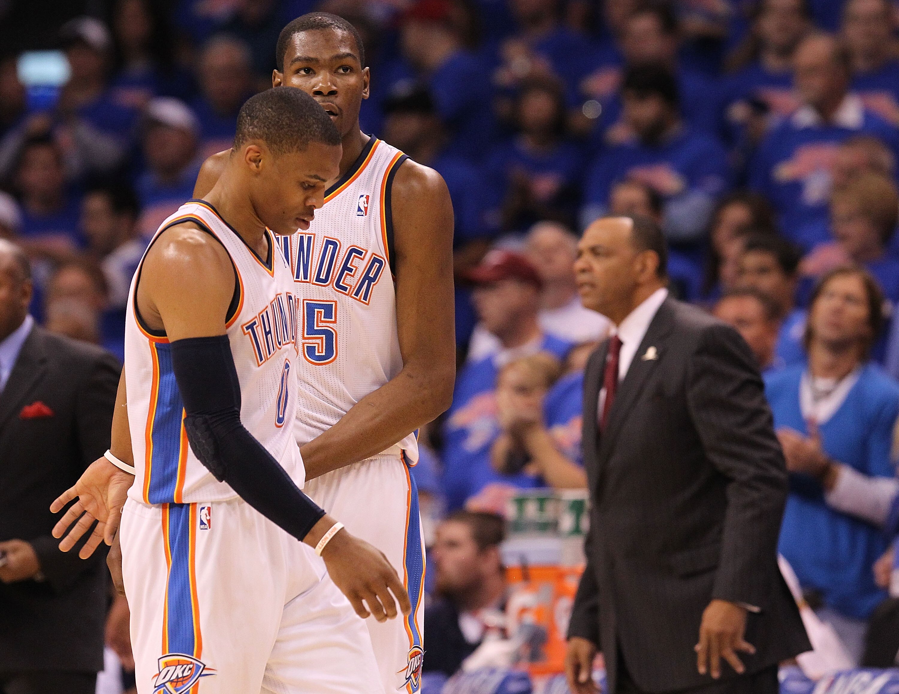 OKLAHOMA CITY, OK - MAY 15:  Forward Kevin Durant #35 and Russell Westbrook #0 of the Oklahoma City Thunder react against the Memphis Grizzlies in Game Seven of the Western Conference Semifinals in the 2011 NBA Playoffs on May 15, 2011 at Oklahoma City Ar