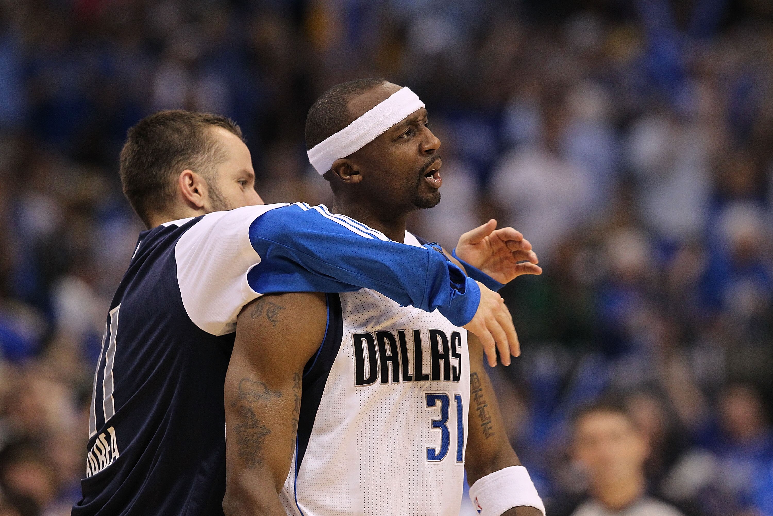 DALLAS, TX - MAY 08:  Guard Jason Terry #31 of the Dallas Mavericks reacts after a three-point shot with Jose Juan Barea against the Los Angeles Lakers in Game Four of the Western Conference Semifinals during the 2011 NBA Playoffs on May 8, 2011 at Americ