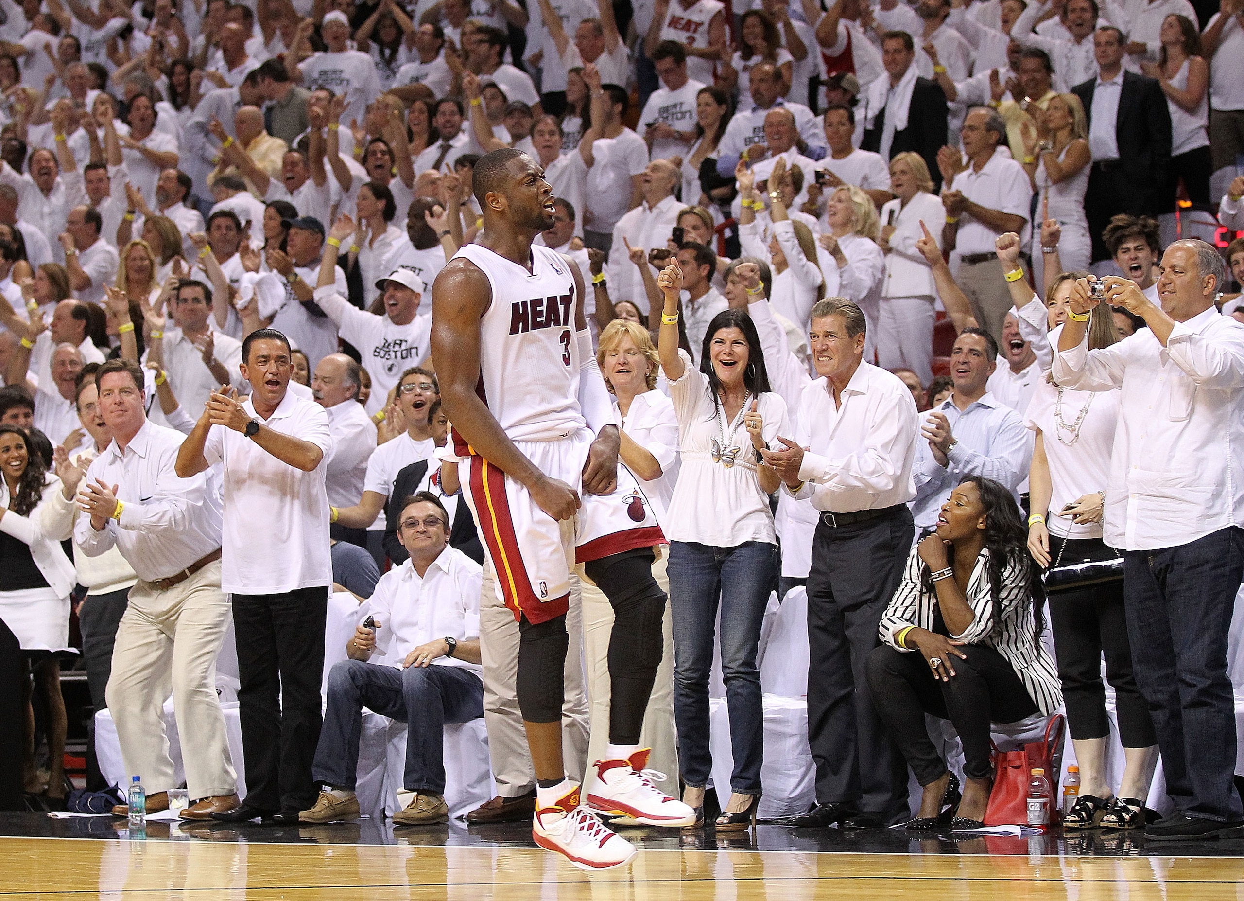 MIAMI, FL - MAY 11:  Dwyane Wade #3 of the Miami Heat reacts after taking the lead during Game Five of the Eastern Conference Semifinals of the 2011 NBA Playoffs against the Boston Celtics at American Airlines Arena on May 11, 2011 in Miami, Florida. NOTE