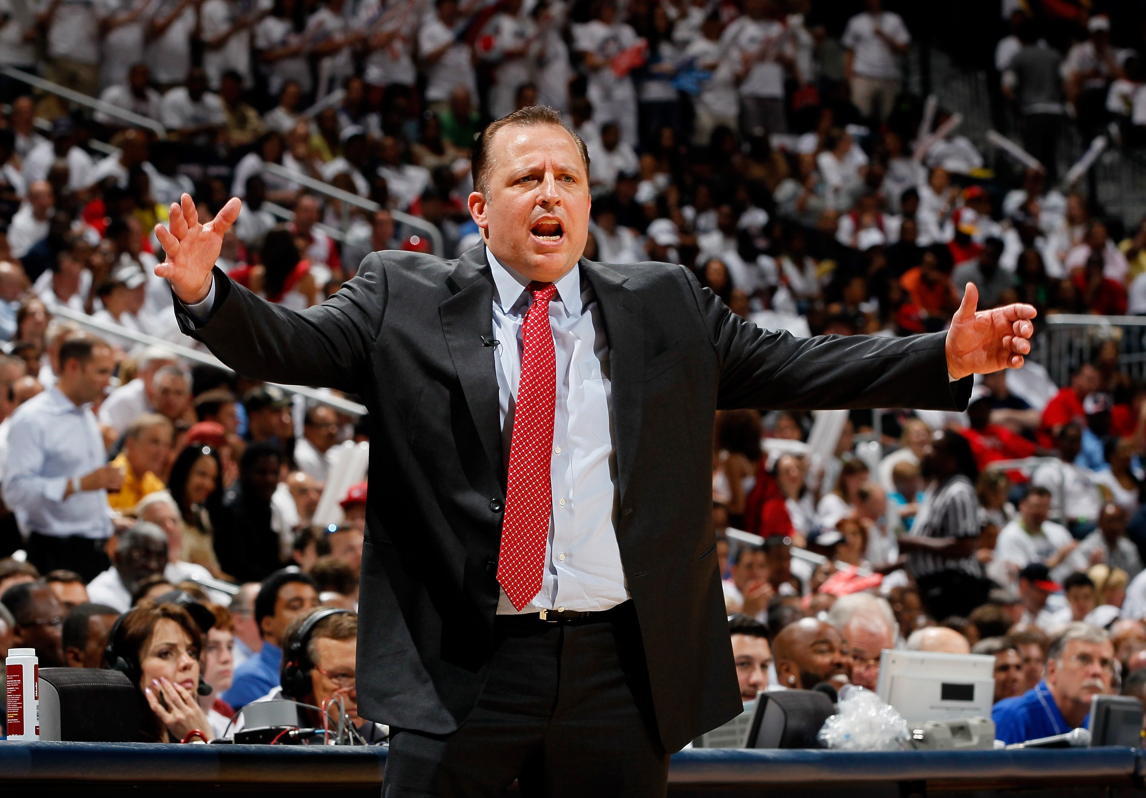 ATLANTA, GA - MAY 12:  Tom Thibodeau of the Chicago Bulls argues a call against the Atlanta Hawks in Game Six of the Eastern Conference Semifinals in the 2011 NBA Playoffs at Phillips Arena on May 12, 2011 in Atlanta, Georgia.  NOTE TO USER: User expressl