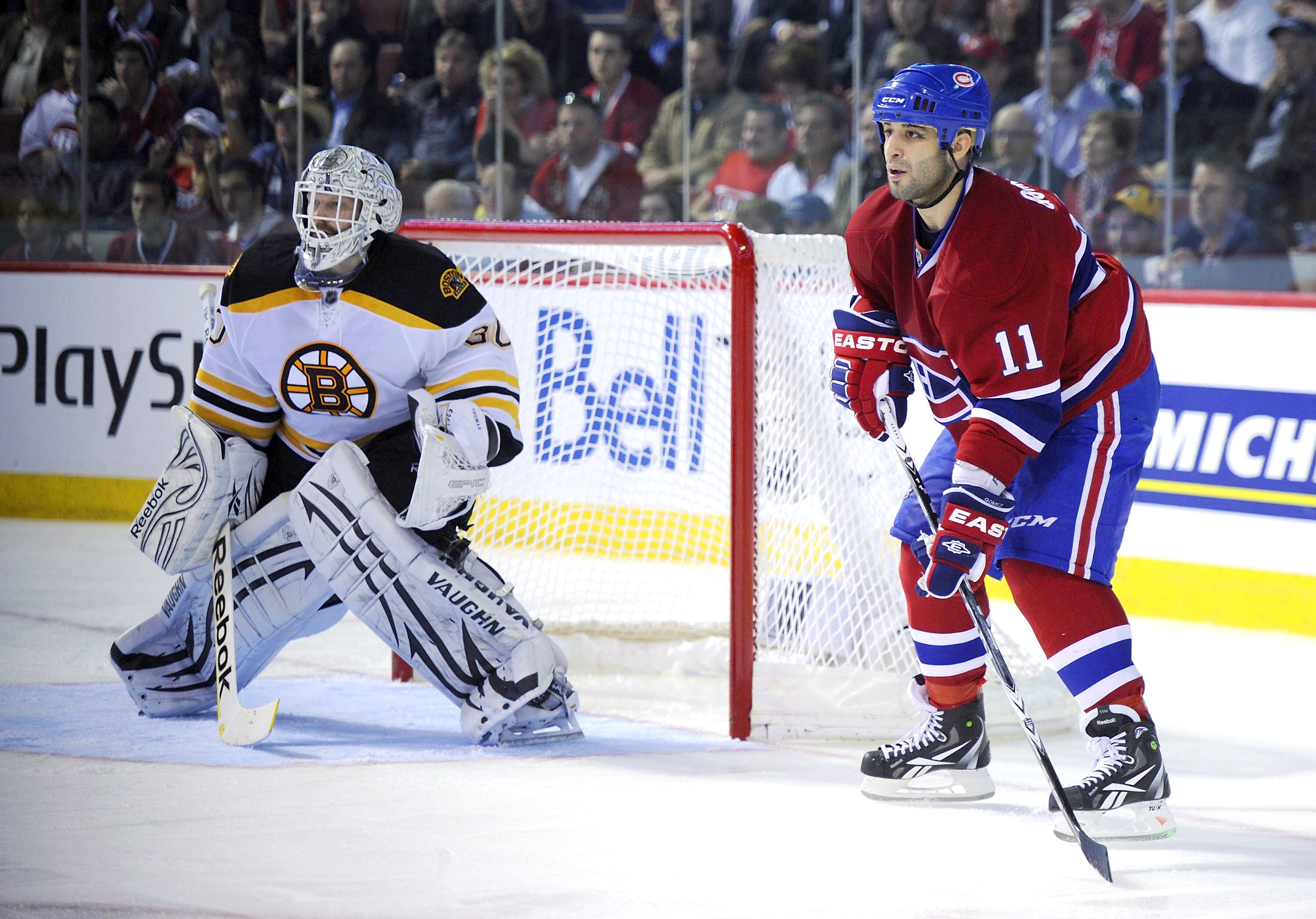 MONTREAL, CANADA - APRIL 26:  Scott Gomez #11 of the Montreal Canadiens waits for pass at the side of the net of Tim Thomas #30 of the Boston Bruins in Game Six of the Eastern Conference Quarterfinals during the 2011 NHL Stanley Cup Playoffs at the Bell C