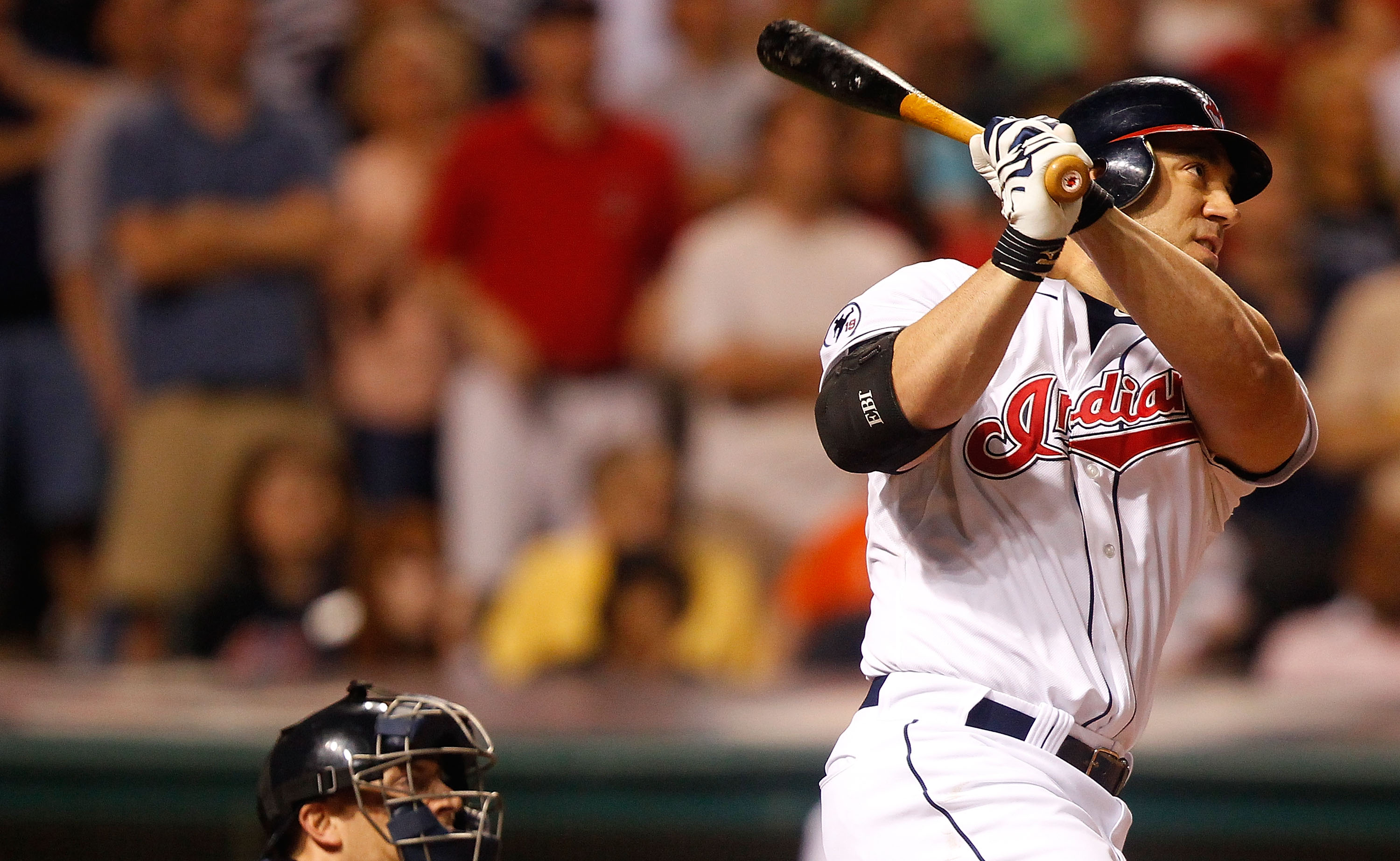 CLEVELAND - MAY 13:  Travis Hafner #48 of the Cleveland Indians watches the ball after hitting a walk-off two run home run in the 9th inning against the Seattle Mariners during the game on May 13, 2011 at Progressive Field in Cleveland, Ohio.  (Photo by J