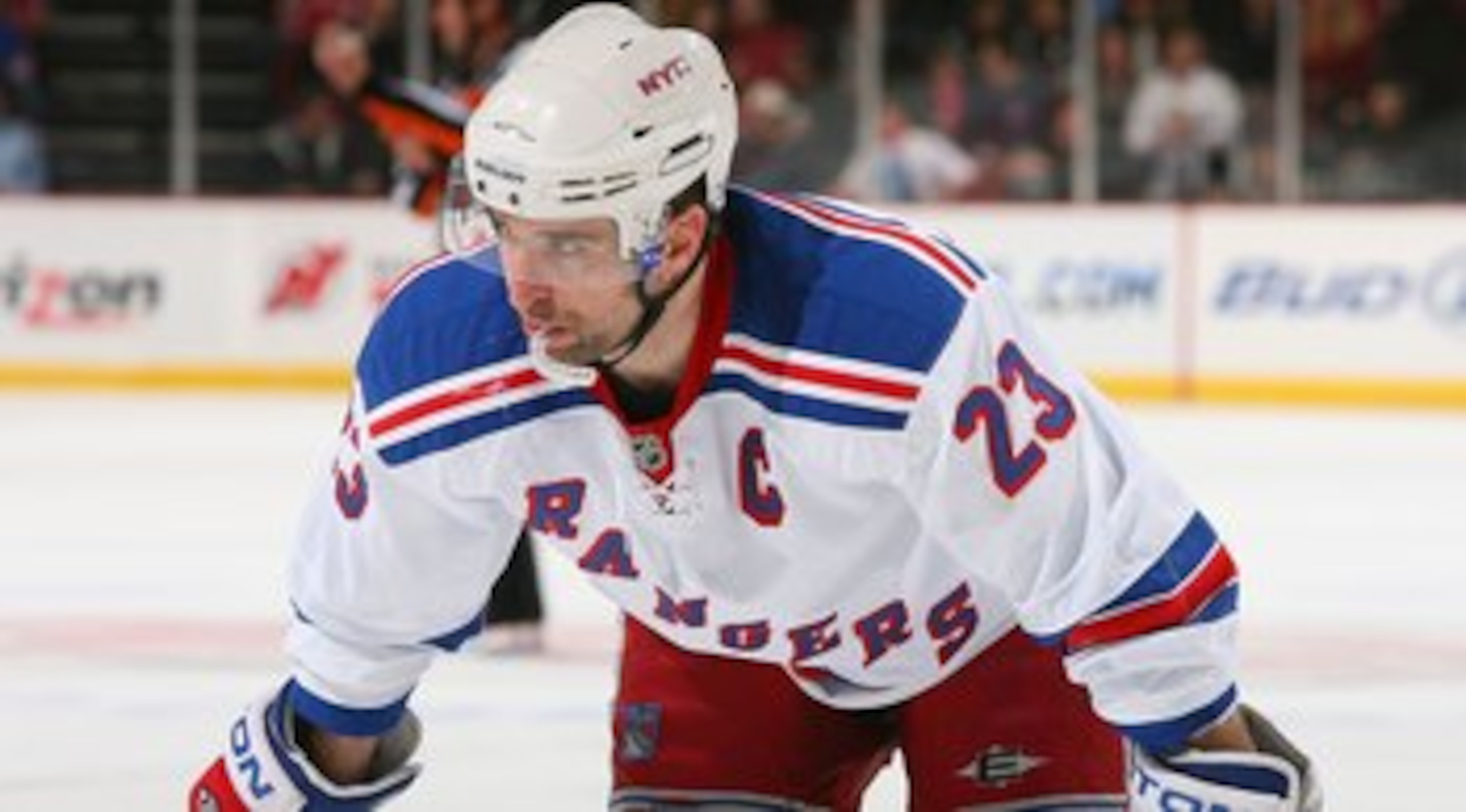 NEWARK, NJ - MARCH 10:  Chris Drury #23 of the New York Rangers looks on against the New Jersey Devils at the Prudential Center on March 10, 2010 in Newark, New Jersey. Devils defeated the Rangers 6-3.  (Photo by Mike Stobe/Getty Images)