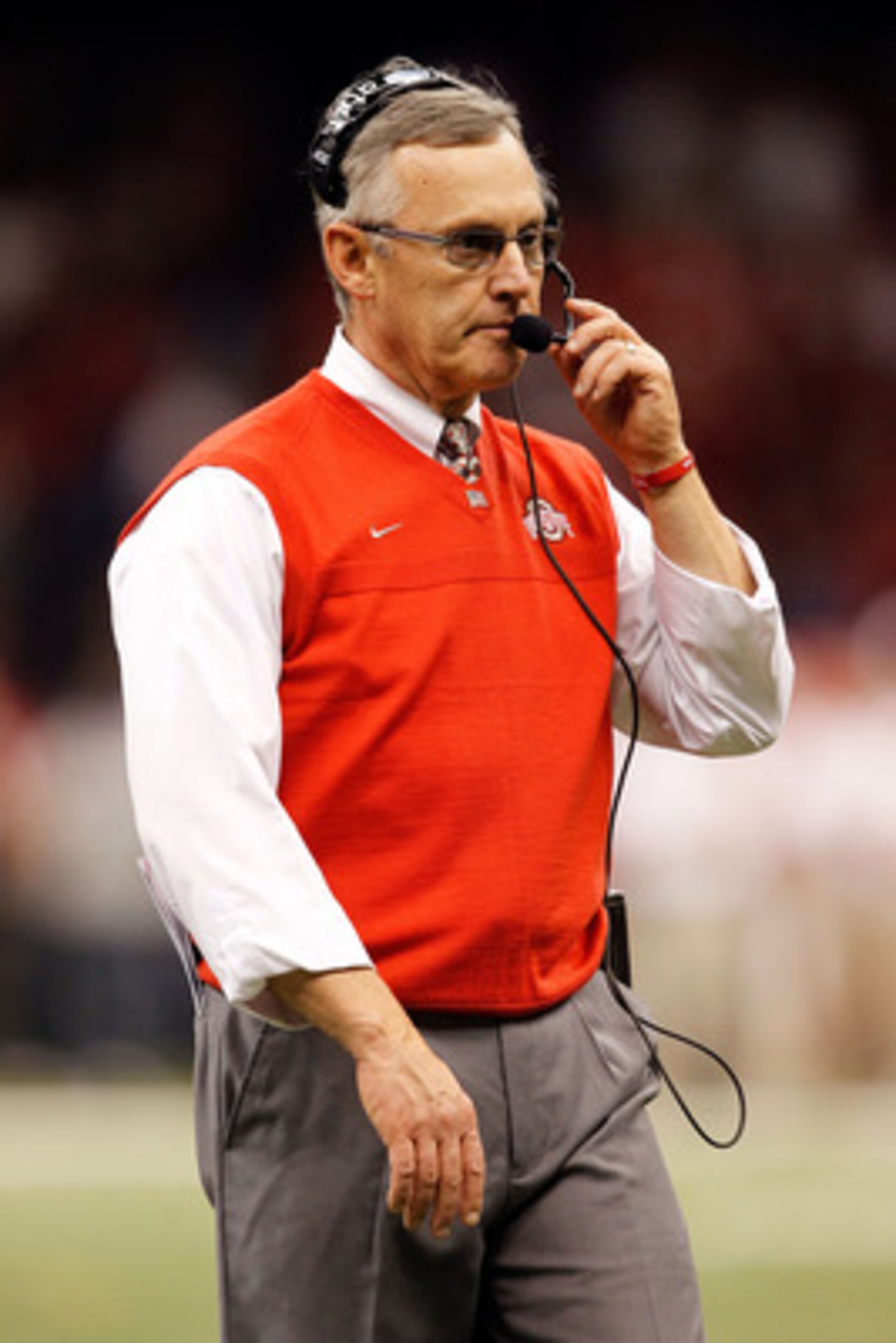 NEW ORLEANS, LA - JANUARY 04:  Head coach Jim Tressel of the Ohio State Buckeyes looks on against the Arkansas Razorbacks during the Allstate Sugar Bowl at the Louisiana Superdome on January 4, 2011 in New Orleans, Louisiana.  (Photo by Matthew Stockman/G