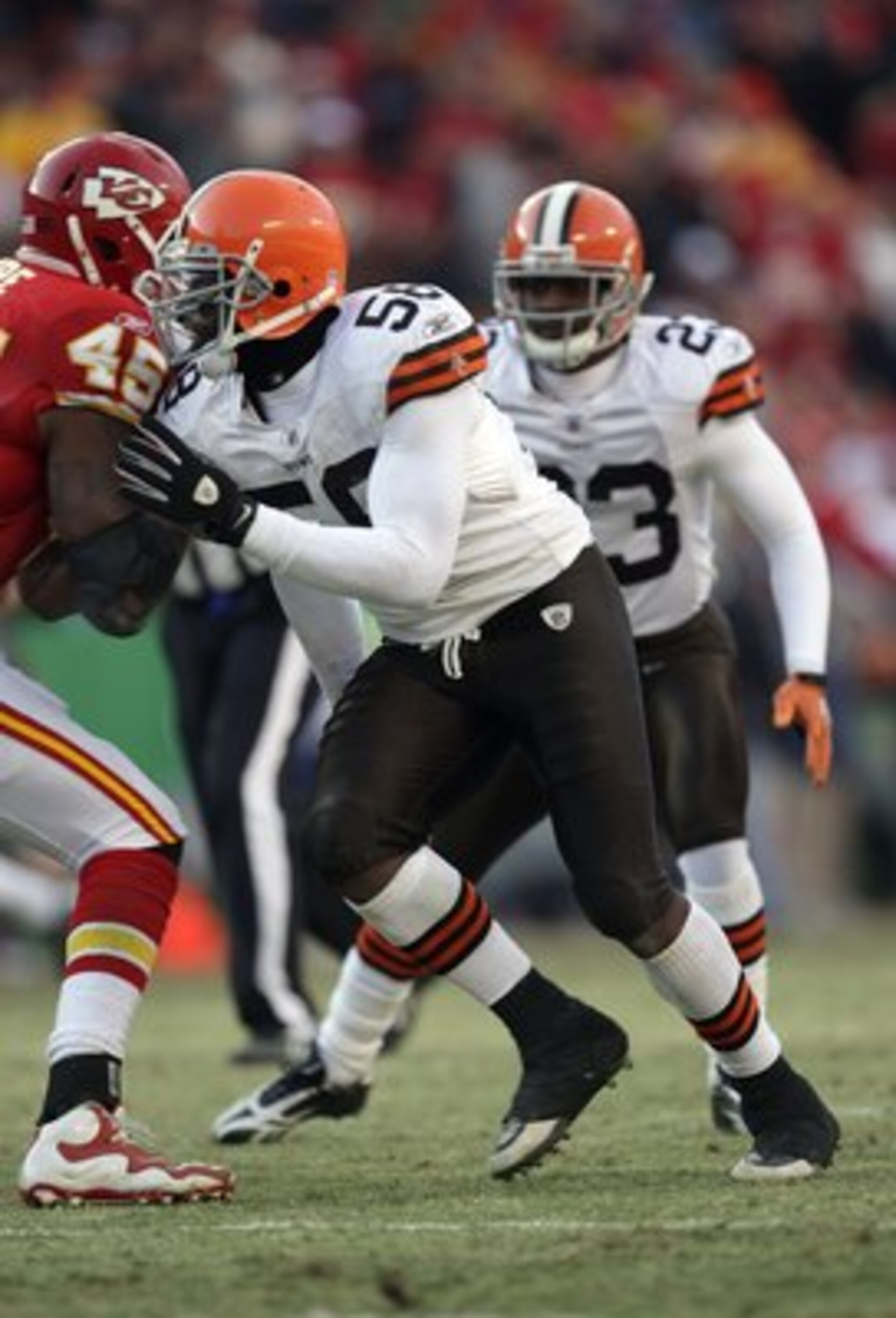 KANSAS CITY, MO - DECEMBER 20:  Marcus Benard #58 of the Cleveland Browns plays his defensive position during their NFL game against the Kansas City Chiefs on December 20, 2009 at Arrowhead Stadium in Kansas City, Missouri. The Browns defeated the Chiefs