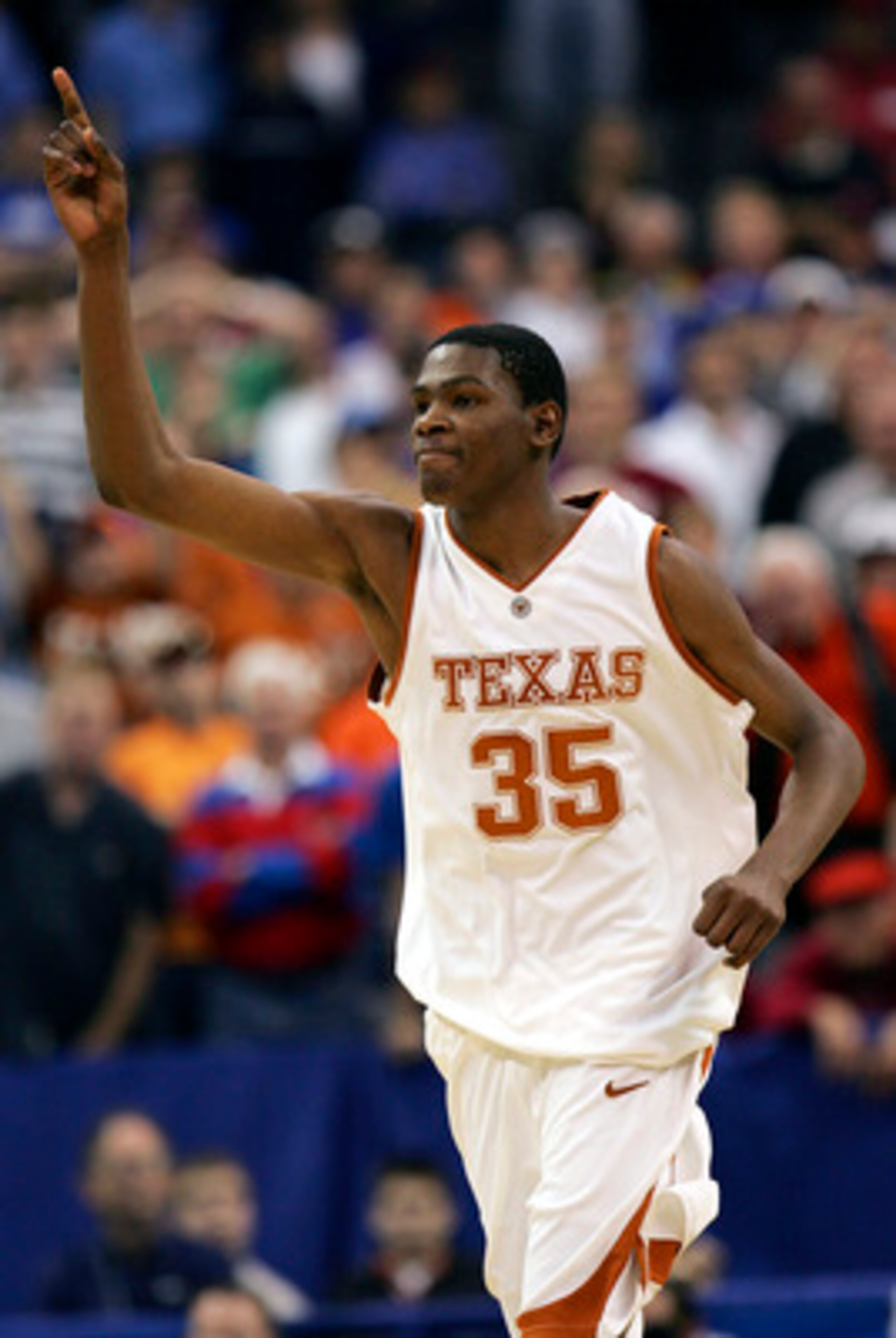 OKLAHOMA CITY - MARCH 09:  Guard Kevin Durant #35 of the Texas Longhorns reacts during a 74-69 win against the Baylor Bears during the quarterfinals of the Phillips 66 Big 12 Men's Basketball Championship on March 9, 2007 at the  Ford Center in Oklahoma C