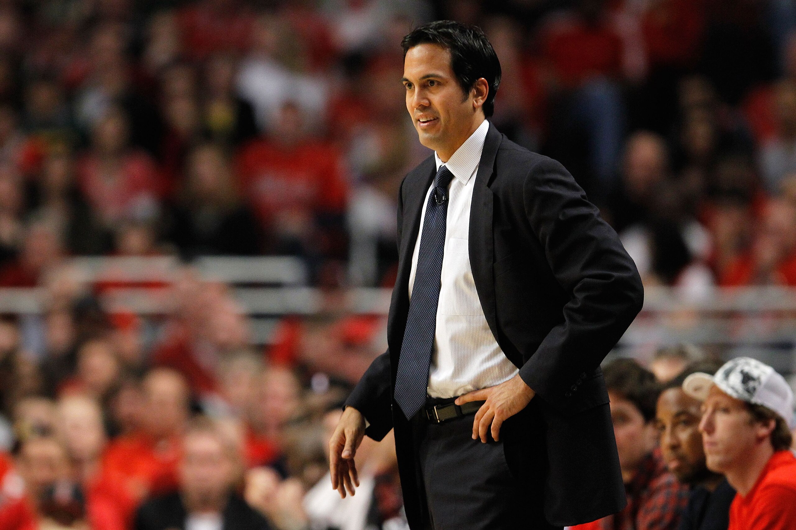 CHICAGO, IL - MAY 15:  Head coach Erik Spoelstra of the Miami Heat looks on against the Chicago Bulls in Game One of the Eastern Conference Finals during the 2011 NBA Playoffs on May 15, 2011 at the United Center in Chicago, Illinois. NOTE TO USER: User e