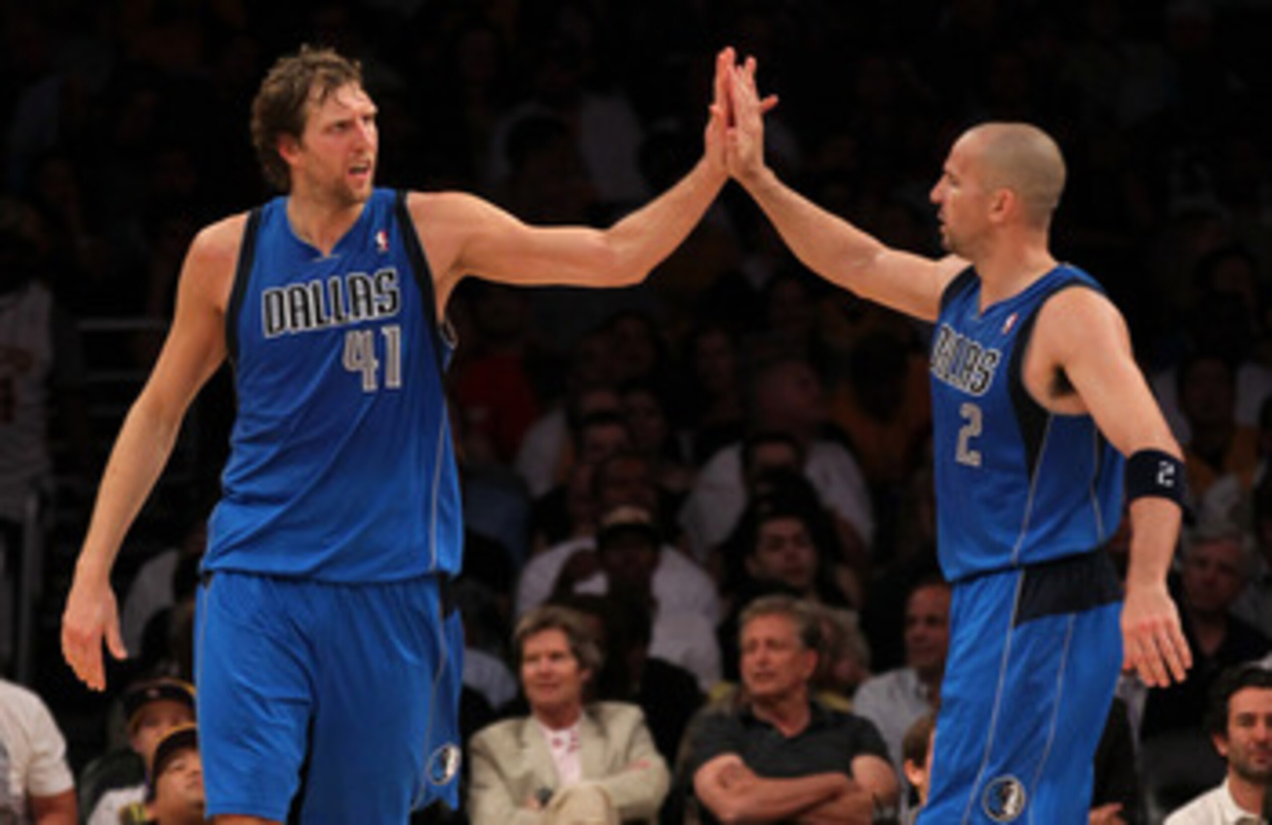 LOS ANGELES, CA - MAY 04:  Dirk Nowitzki #41 and Jason Kidd #2 of the Dallas Mavericks celebrate late in the fourth quarter while taking on the Los Angeles Lakers in Game Two of the Western Conference Semifinals in the 2011 NBA Playoffs at Staples Center