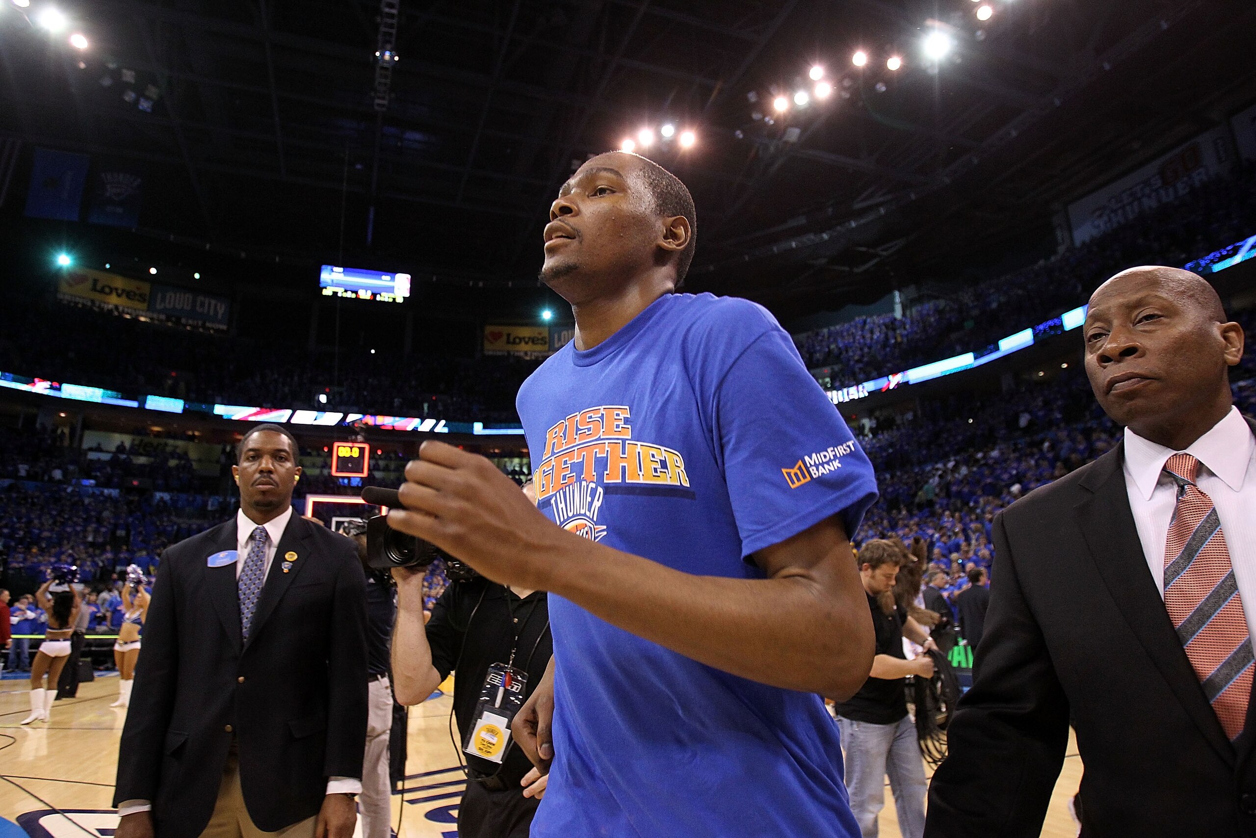 OKLAHOMA CITY, OK - MAY 15:  Forward Kevin Durant #35 of the Oklahoma City Thunder celebrates a 90-105 win against the Memphis Grizzlies in Game Seven of the Western Conference Semifinals in the 2011 NBA Playoffs on May 15, 2011 at Oklahoma City Arena in
