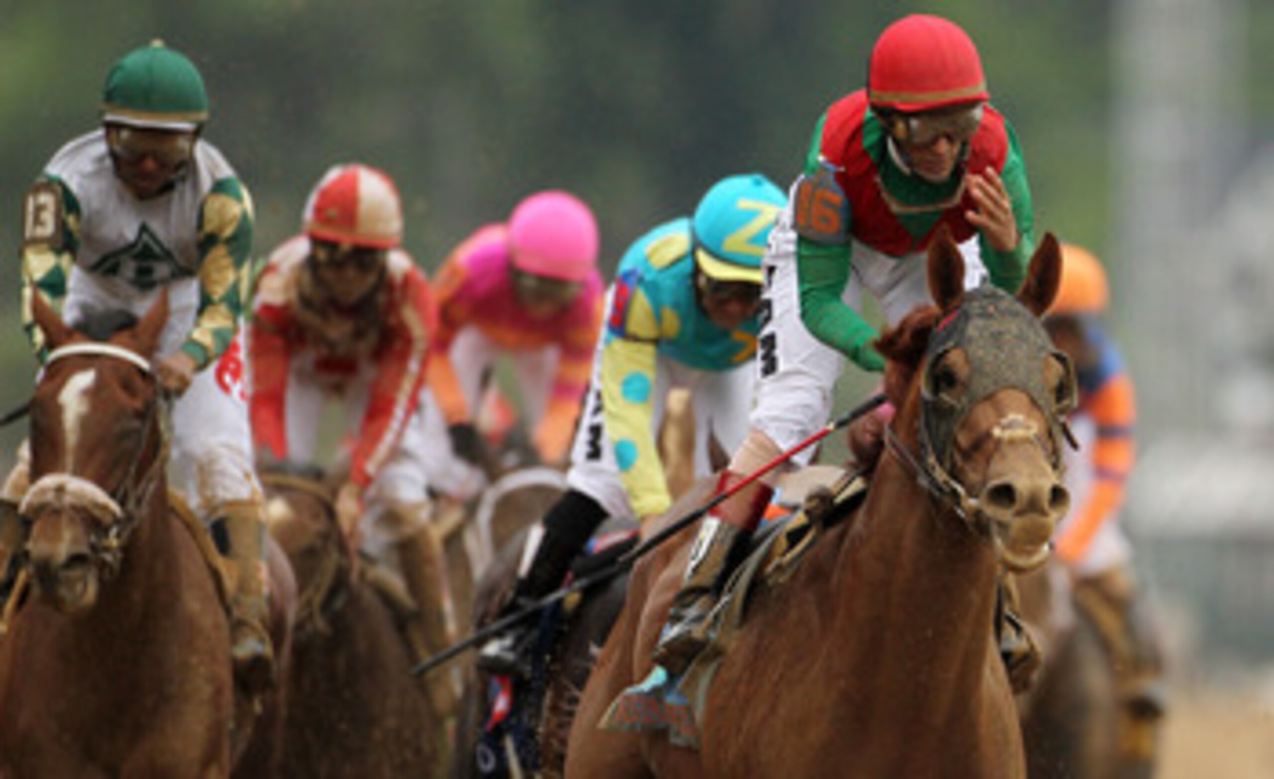 LOUISVILLE, KY - MAY 07:  Jockey John Valazquez, riding Animal Kingdom #16, celebrates winning the 137th Kentucky Derby at Churchill Downs on May 7, 2011 in Louisville, Kentucky.  (Photo by Al Bello/Getty Images)