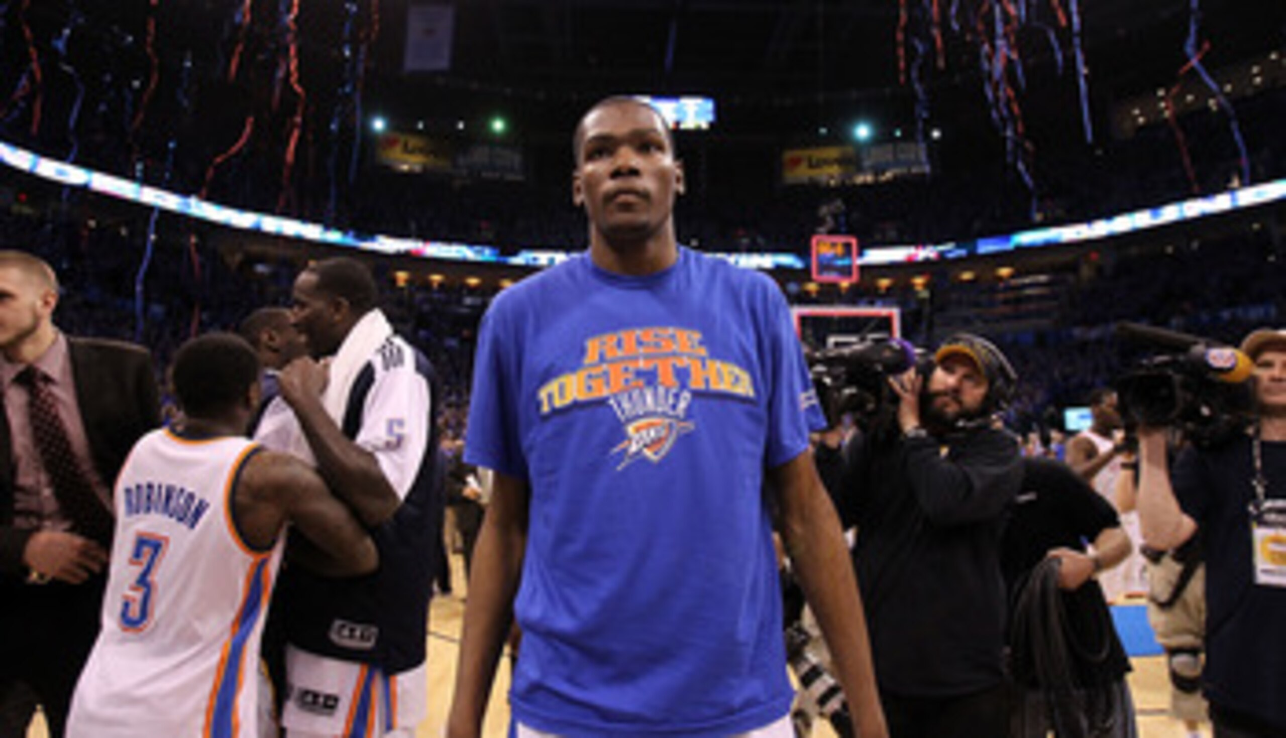 OKLAHOMA CITY, OK - MAY 15:  Forward Kevin Durant #35 of the Oklahoma City Thunder celebrates a 90-105 win against the Memphis Grizzlies in Game Seven of the Western Conference Semifinals in the 2011 NBA Playoffs on May 15, 2011 at Oklahoma City Arena in 