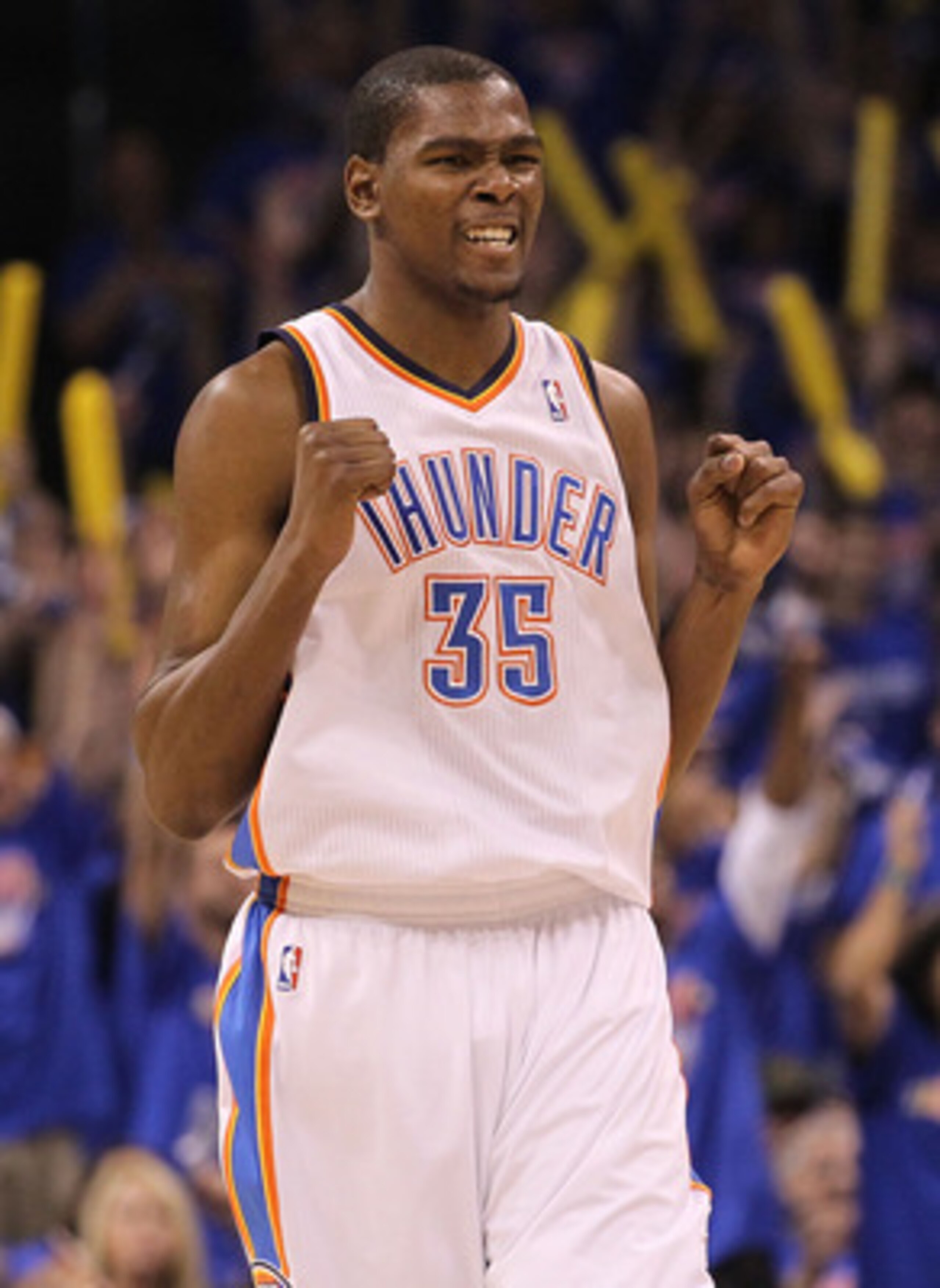 OKLAHOMA CITY, OK - MAY 15:  Forward Kevin Durant #35 of the Oklahoma City Thunder reacts against the Memphis Grizzlies in Game Seven of the Western Conference Semifinals in the 2011 NBA Playoffs on May 15, 2011 at Oklahoma City Arena in Oklahoma City, Ok