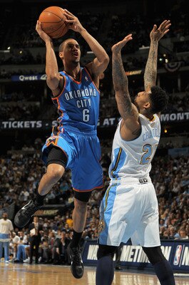 DENVER, CO - APRIL 25:  Eric Maynor #6 of the Oklahoma City Thunder takes a shot against Wilson Chandler #21 of the Denver Nuggets in Game Four of the Western Conference Quarterfinals in the 2011 NBA Playoffs on April 24, 2011 at the Pepsi Center in Denve