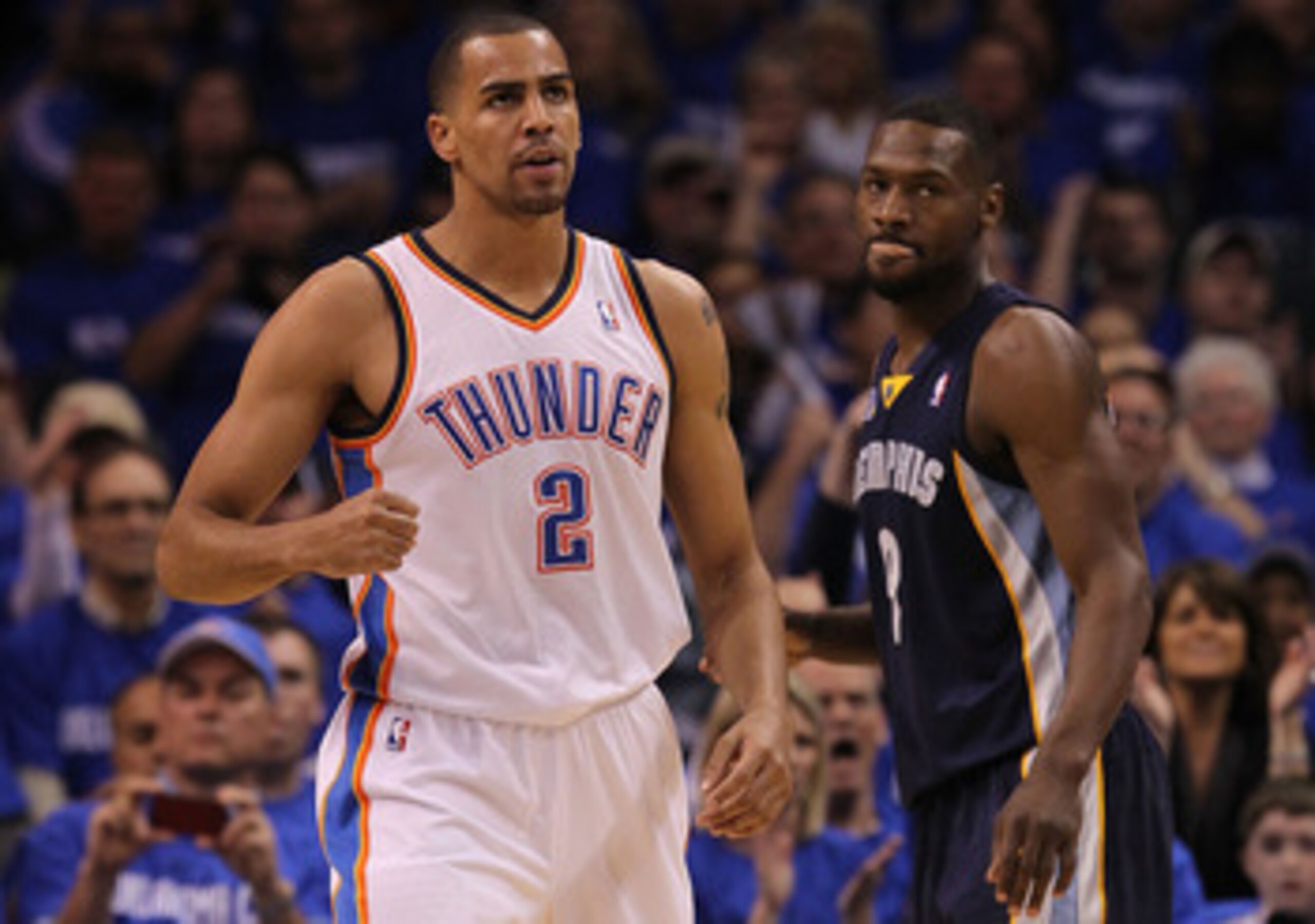 OKLAHOMA CITY, OK - MAY 01:  Guard Thabo Sefolosha #2 of the Okalhoma City Thunder reacts in front of Tony Allen #9 of the Memphis Grizzlies in Game One of the Western Conference Semifinals in the 2011 NBA Playoffs on May 1, 2011 at Oklahoma City Arena in